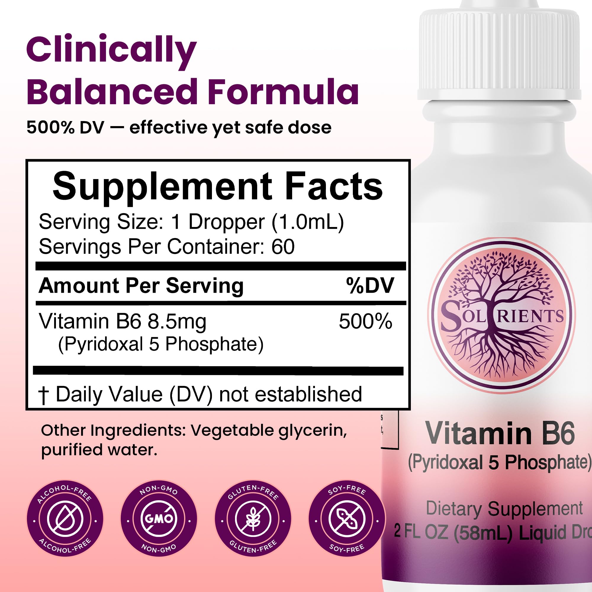 Soltrients B6 (Pyridoxal Phosphate) supplement with a glass of water
