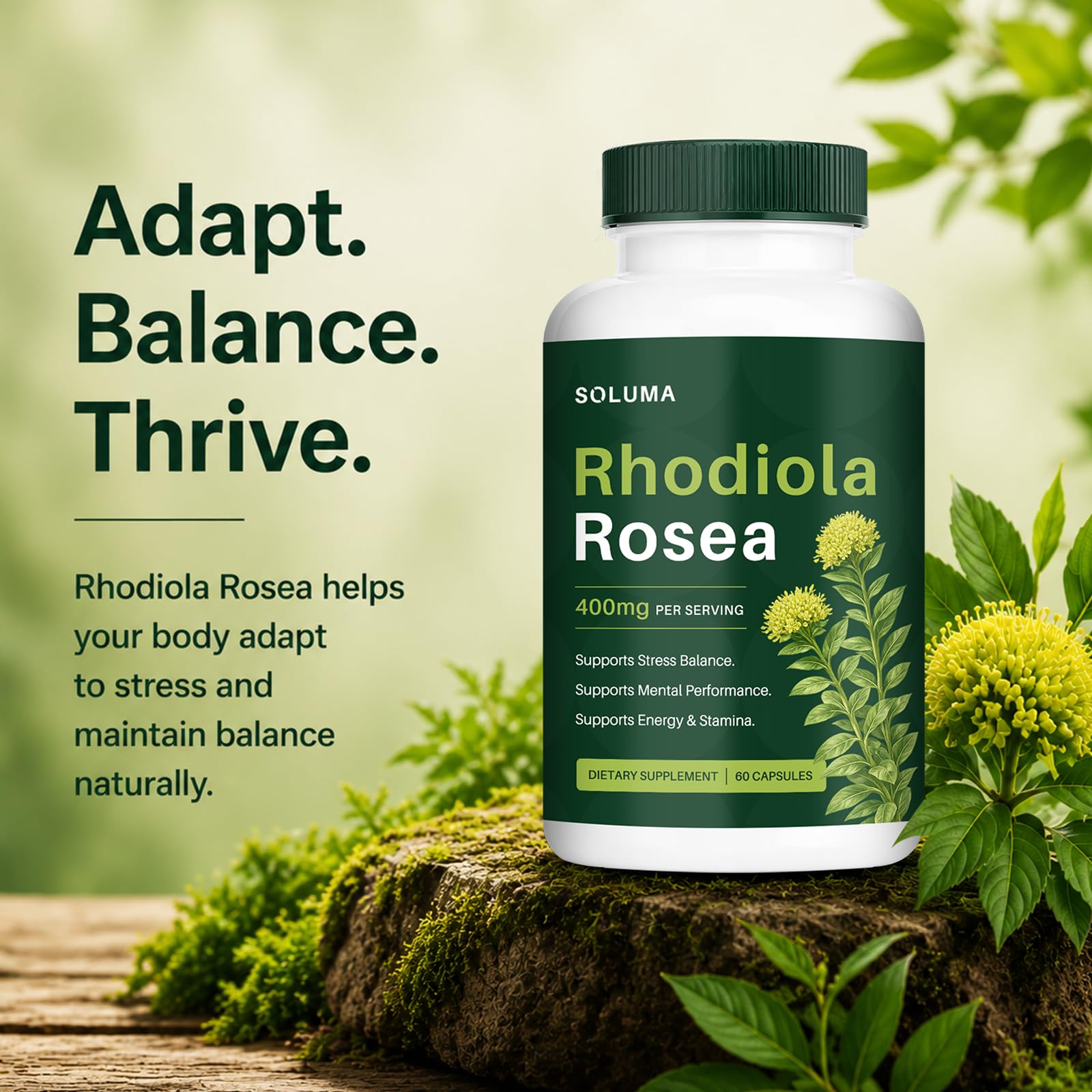 soluma Rhodiola Rosea 400mg Capsules bottle with label