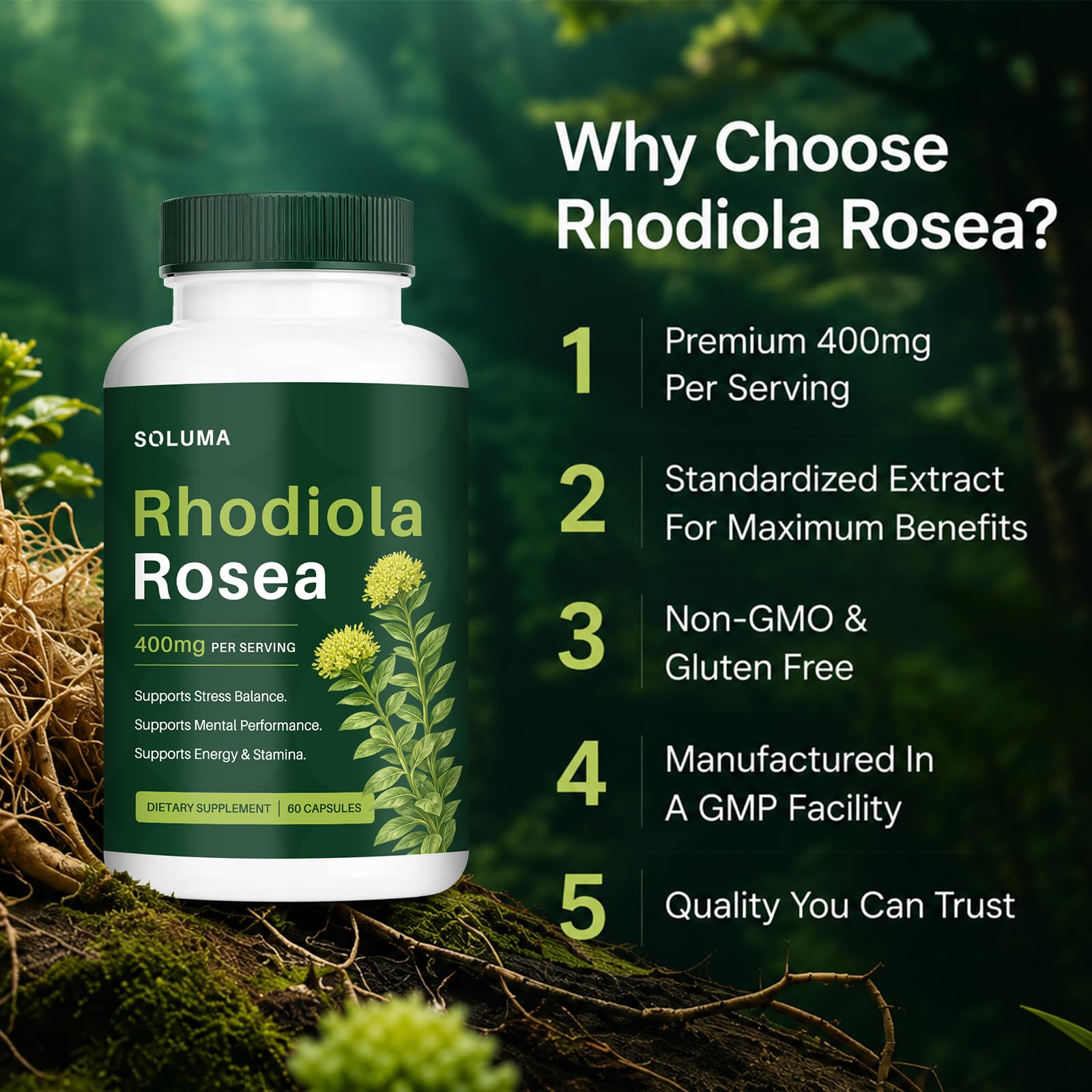 soluma Rhodiola Rosea 400mg Capsules close-up of capsules