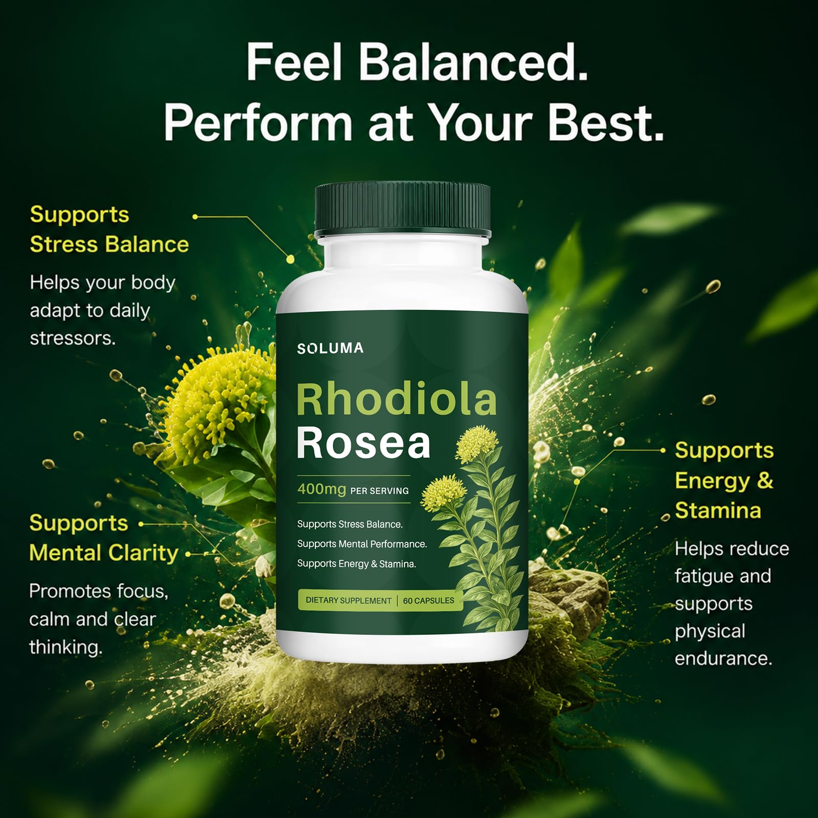 soluma Rhodiola Rosea 400mg Capsules on a wooden table