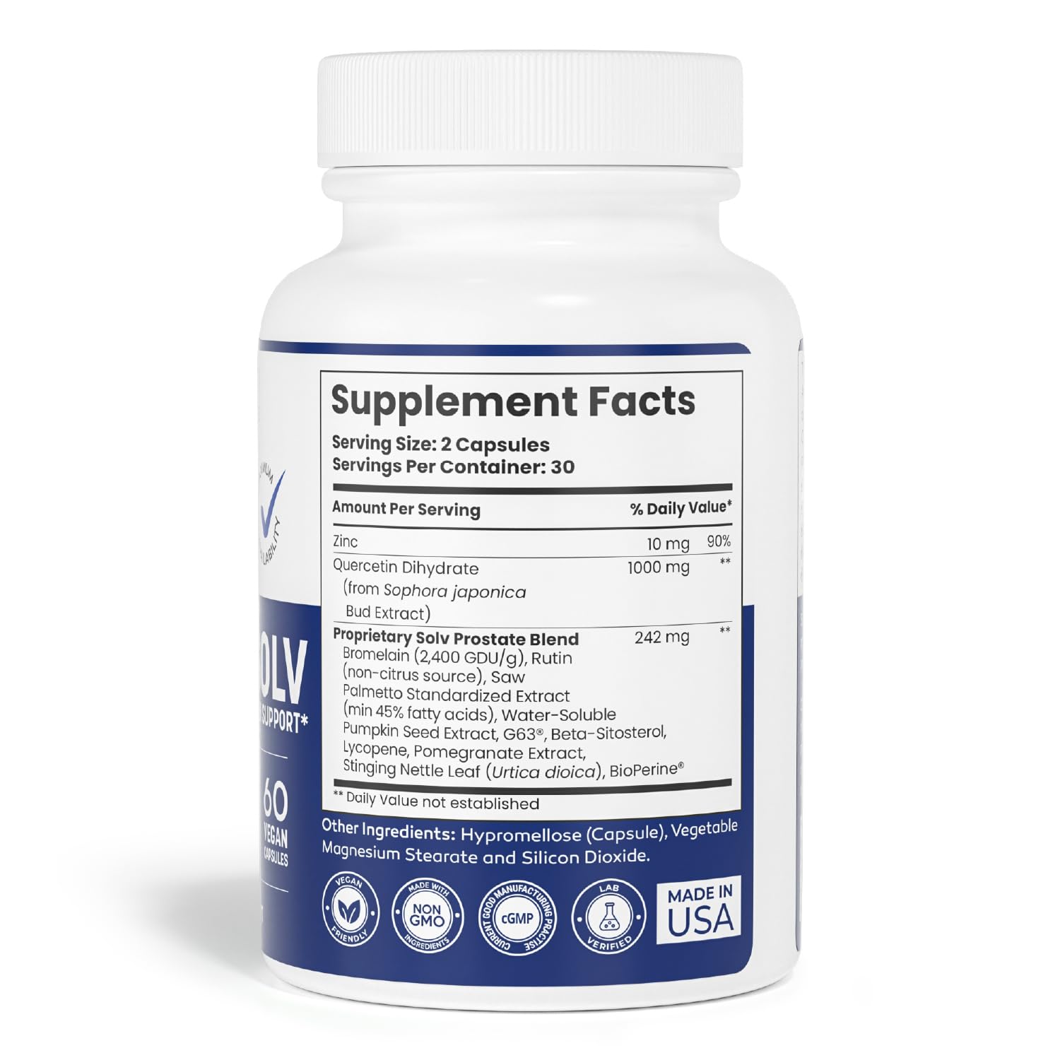 SOLV NATURALS Prostate Support Supplement side view showing capsule details