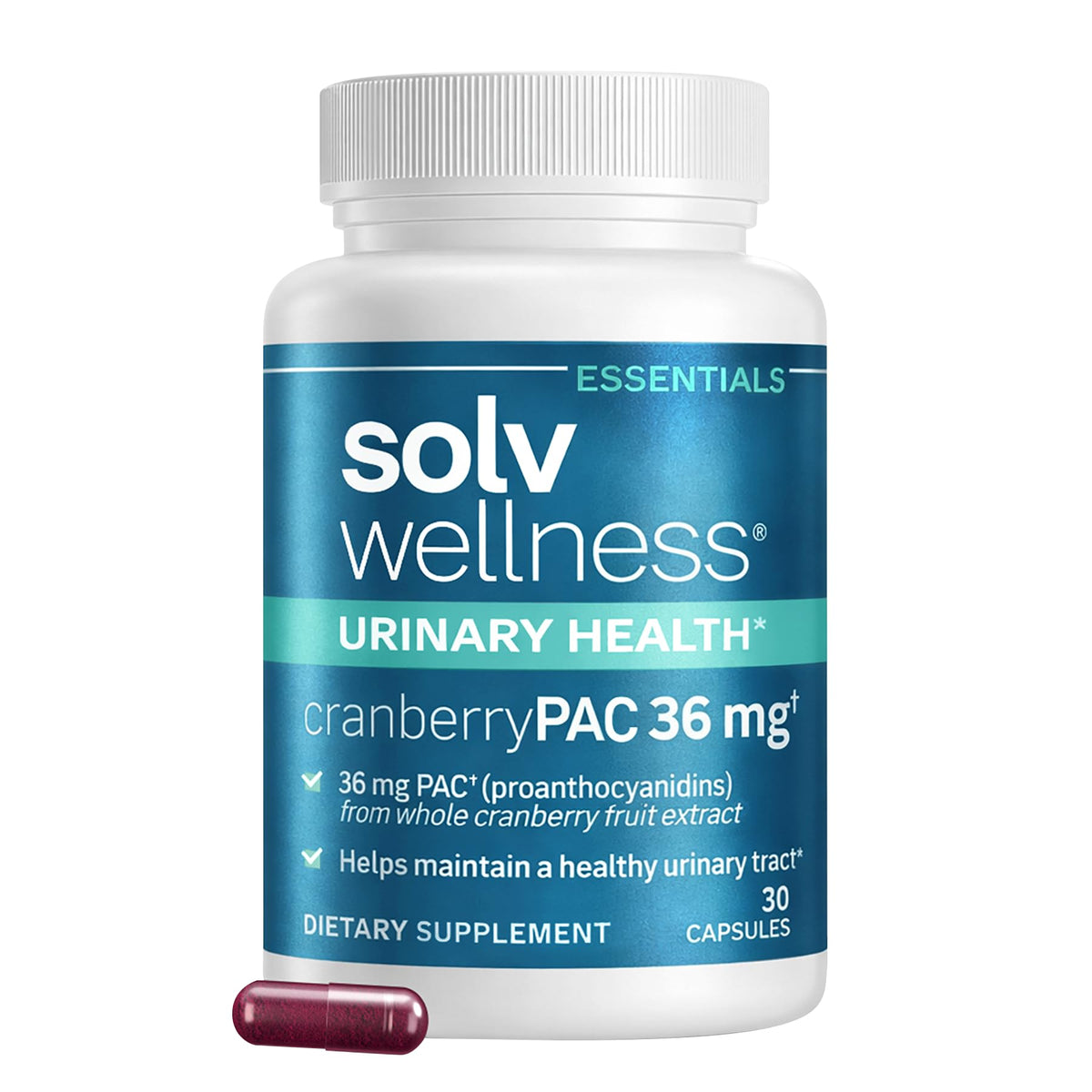 Solv Wellness Cranberry Supplement front view with capsule bottle