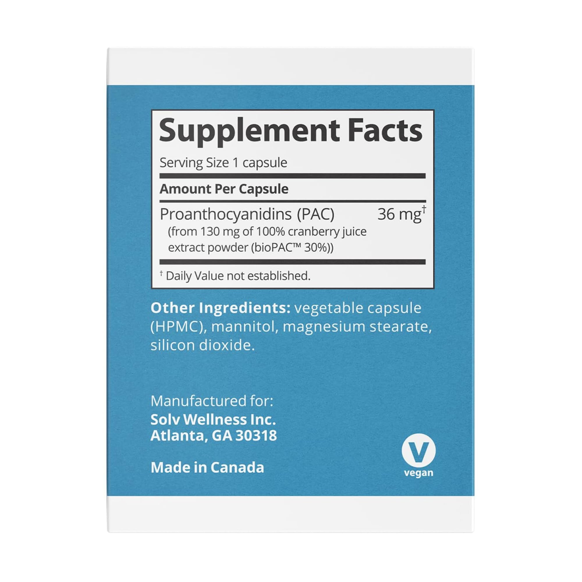 Solv Wellness GennaMD Cranberry Supplement ingredients list