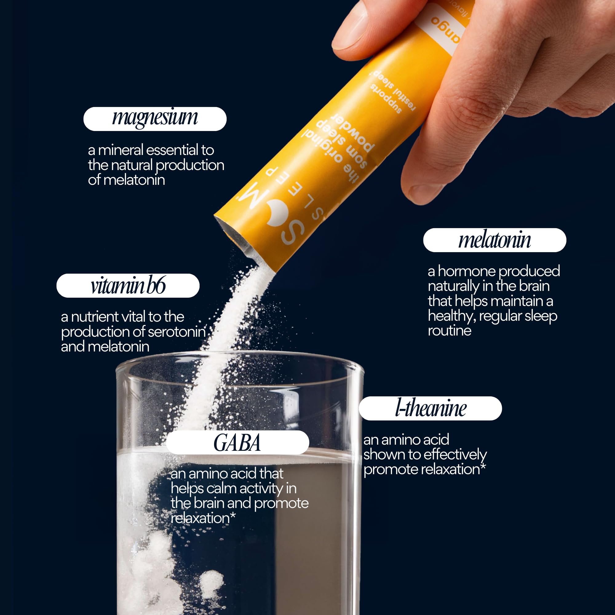 Som Sleep Restorative Sleep Drink Mix powder in a glass of water