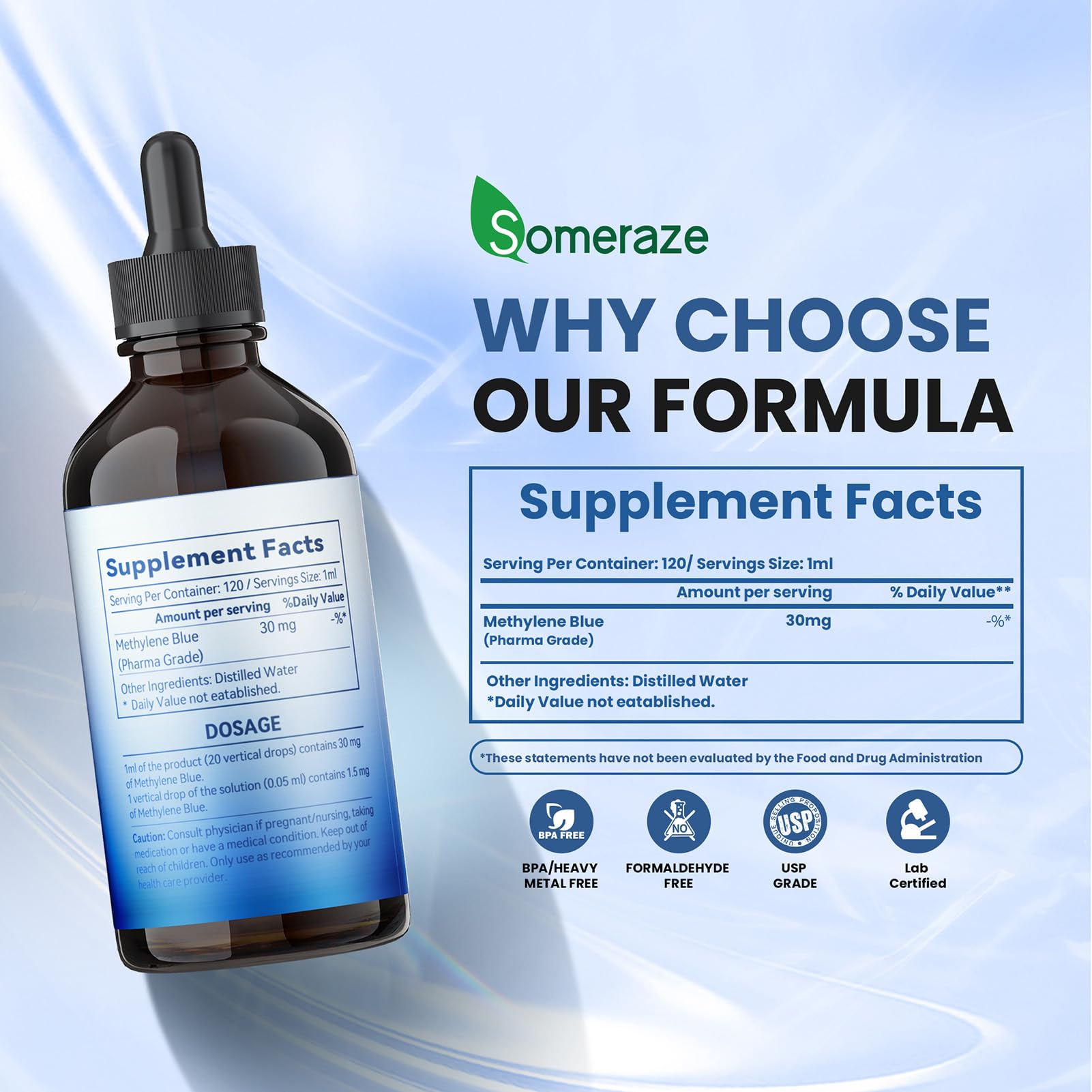 Someraze Methylene Blue Liquid Drops close-up of dropper