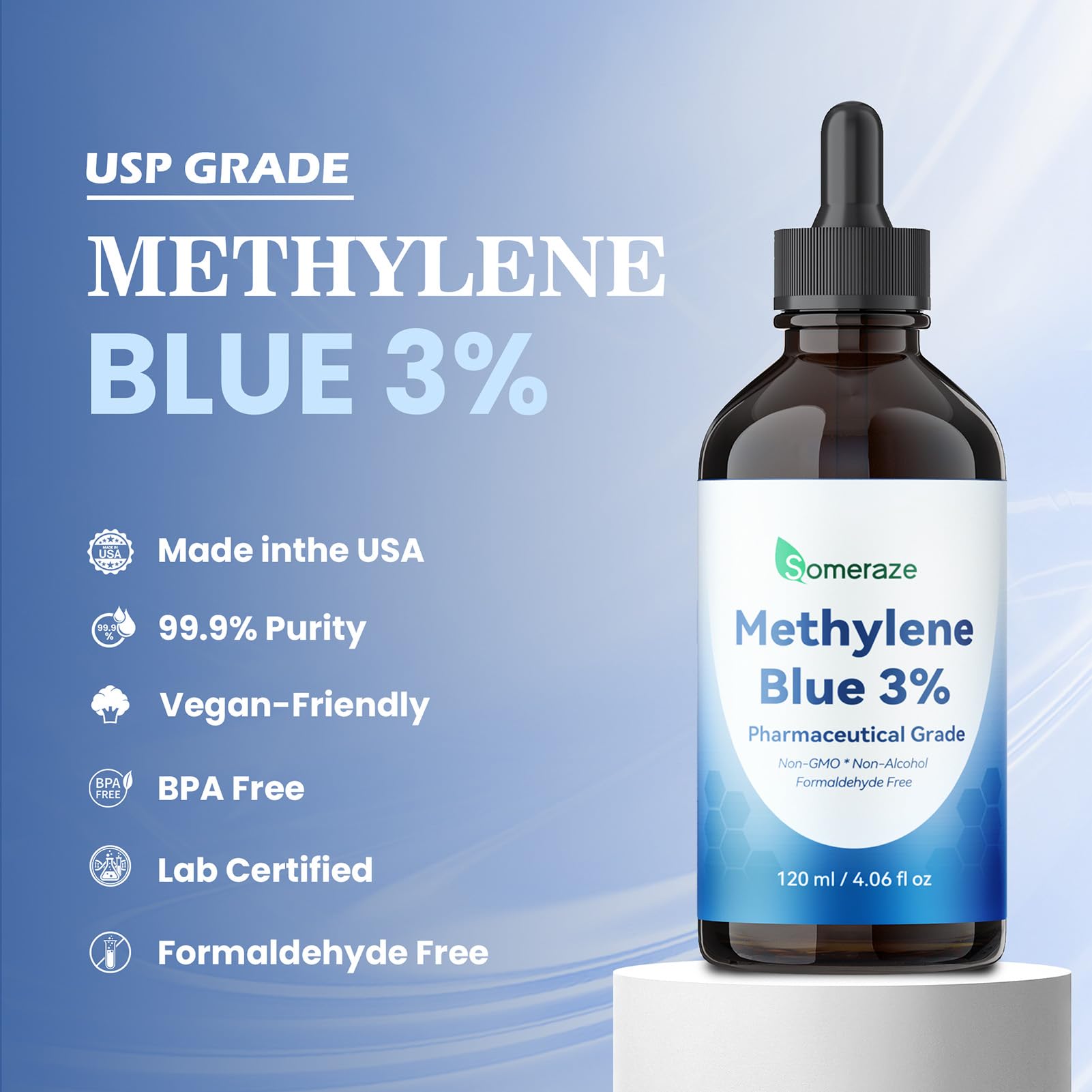 Someraze Methylene Blue Liquid Drops showing dosage instructions