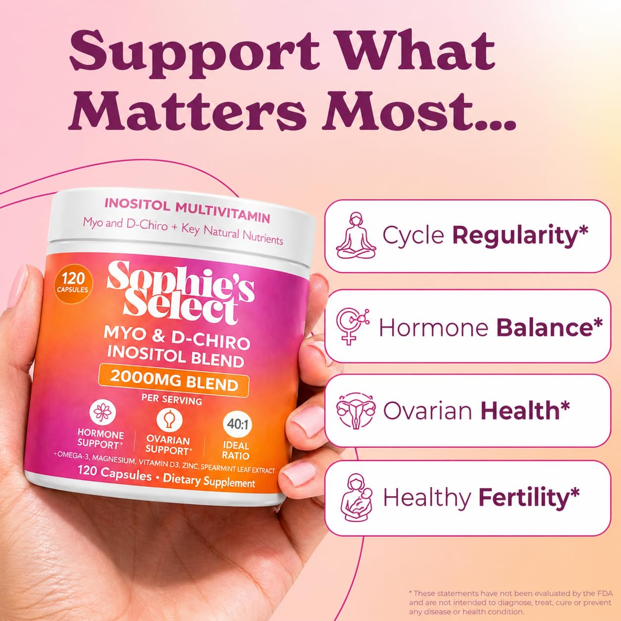 Sophie's Select Myo Inositol 2000mg + D-Chiro Inositol capsules side view