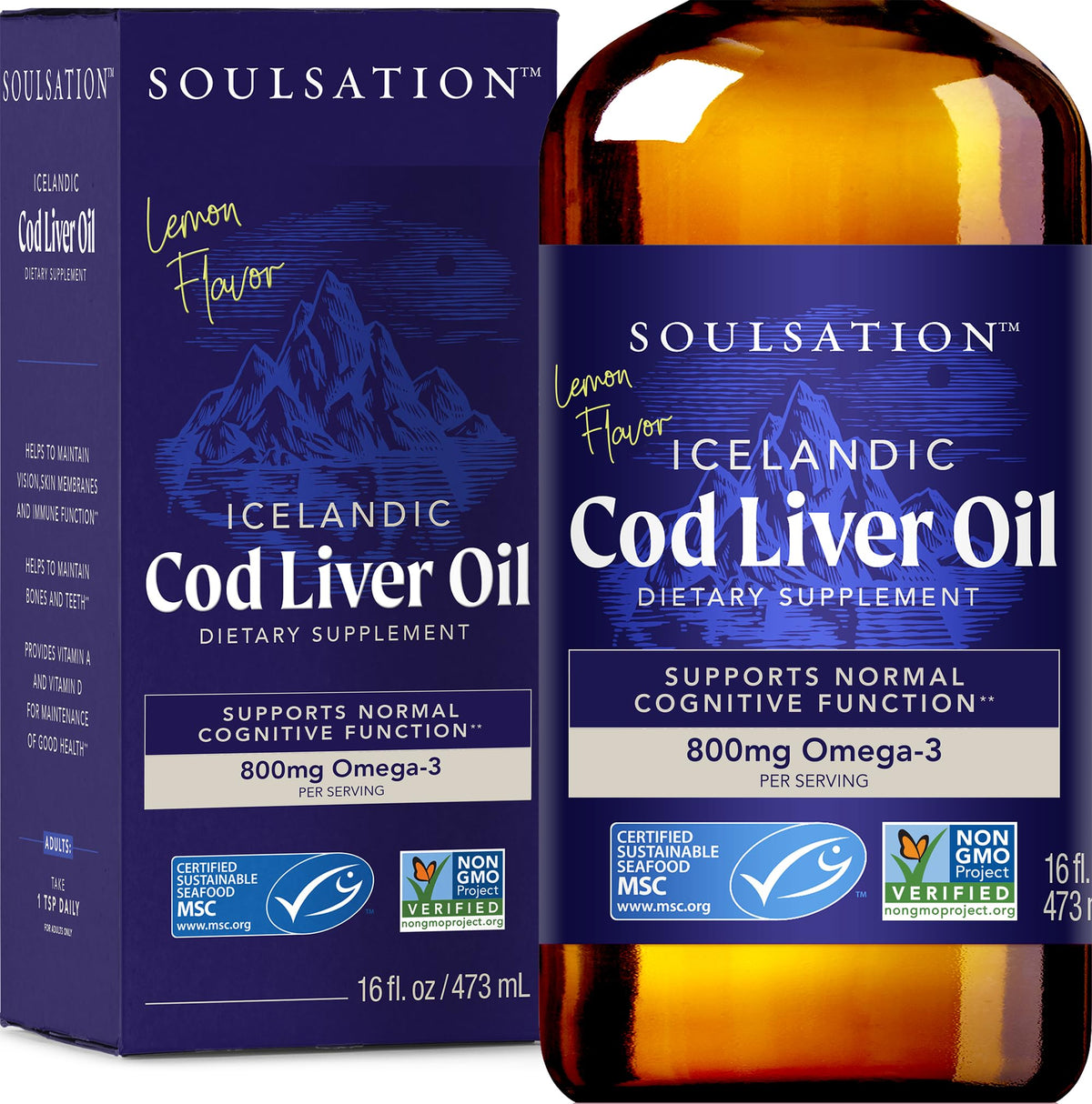 SOULSATION Icelandic Cod Liver Oil bottle front view with lemon flavour