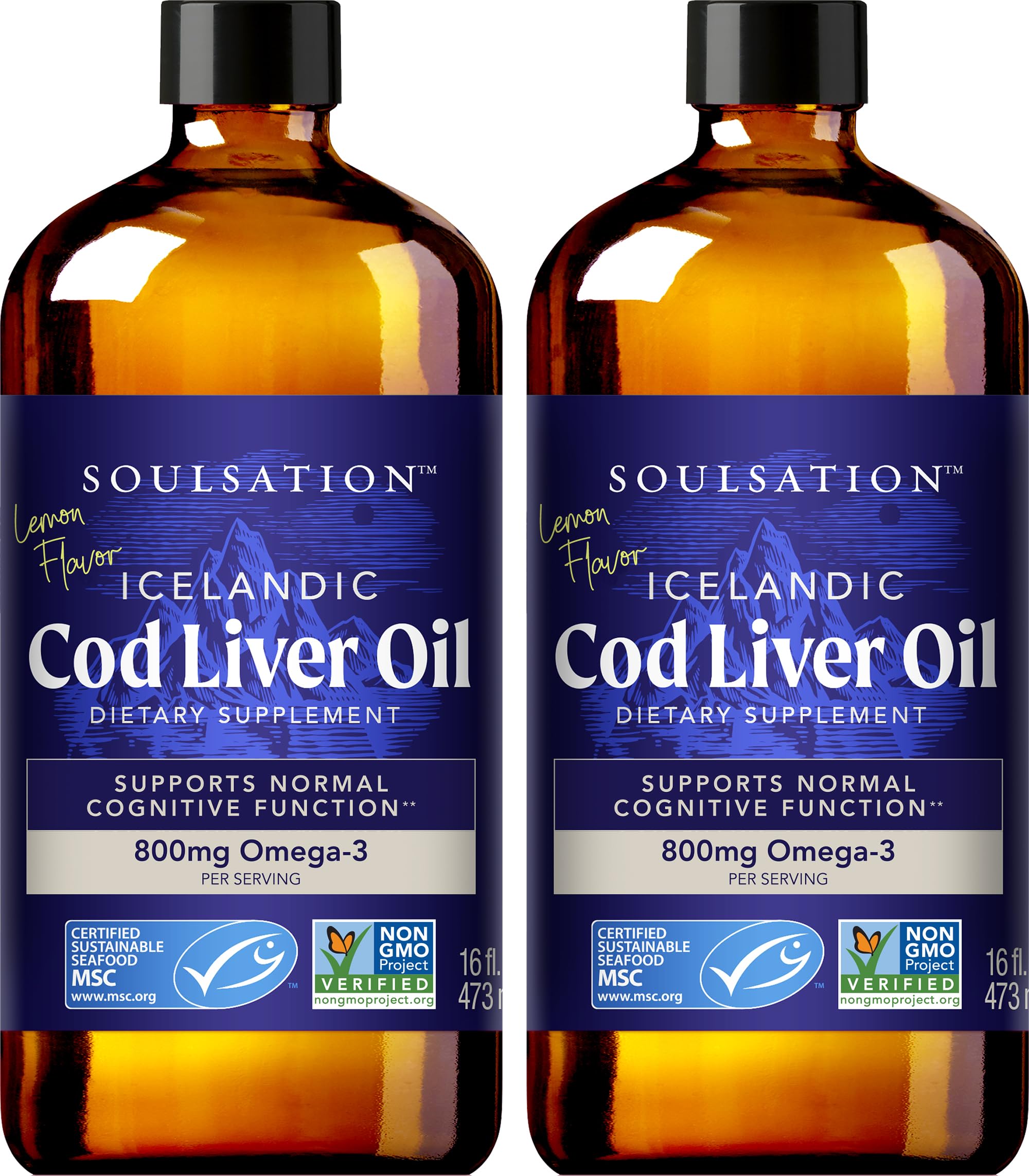 SOULSATION Icelandic Cod Liver Oil bottle front view with lemon flavour