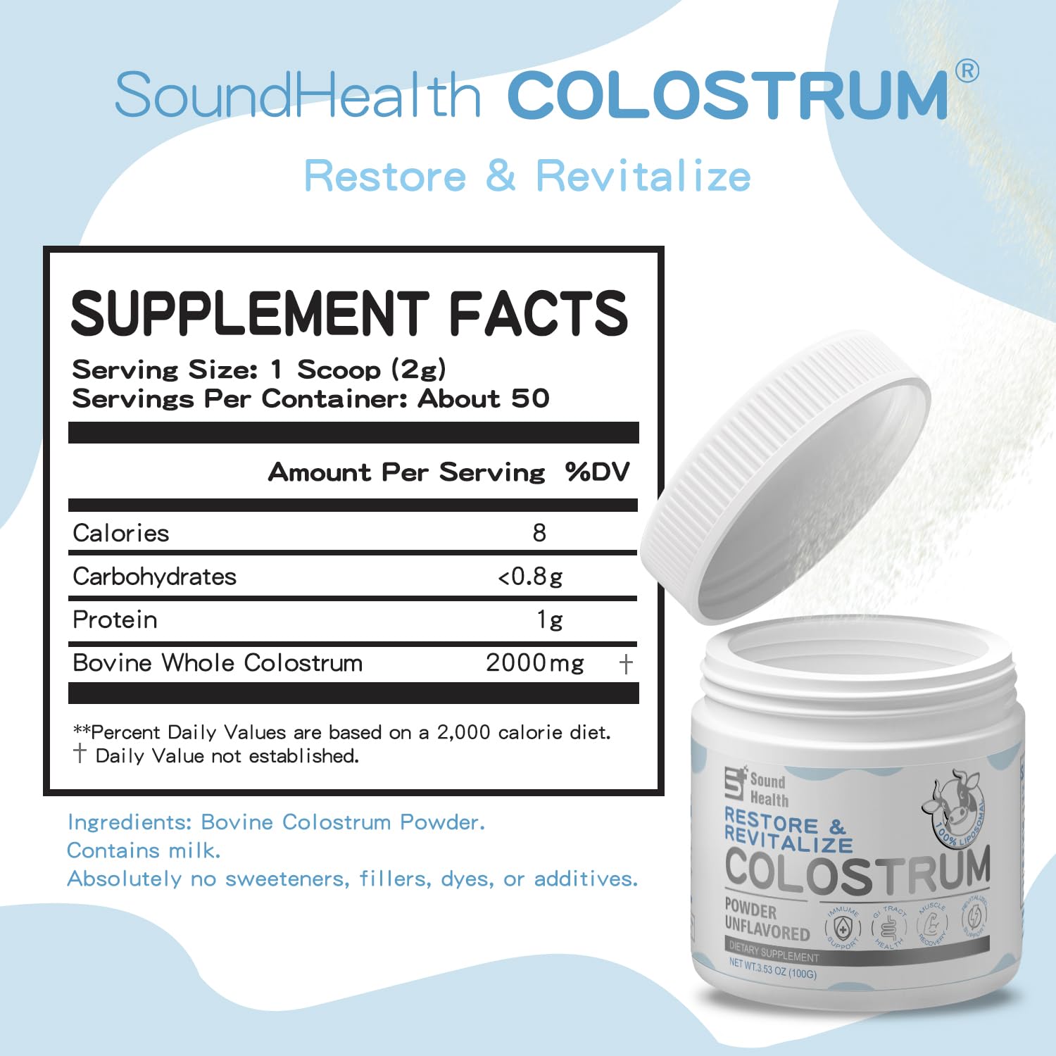 Sound Health Bovine Colostrum Powder scoop and powder