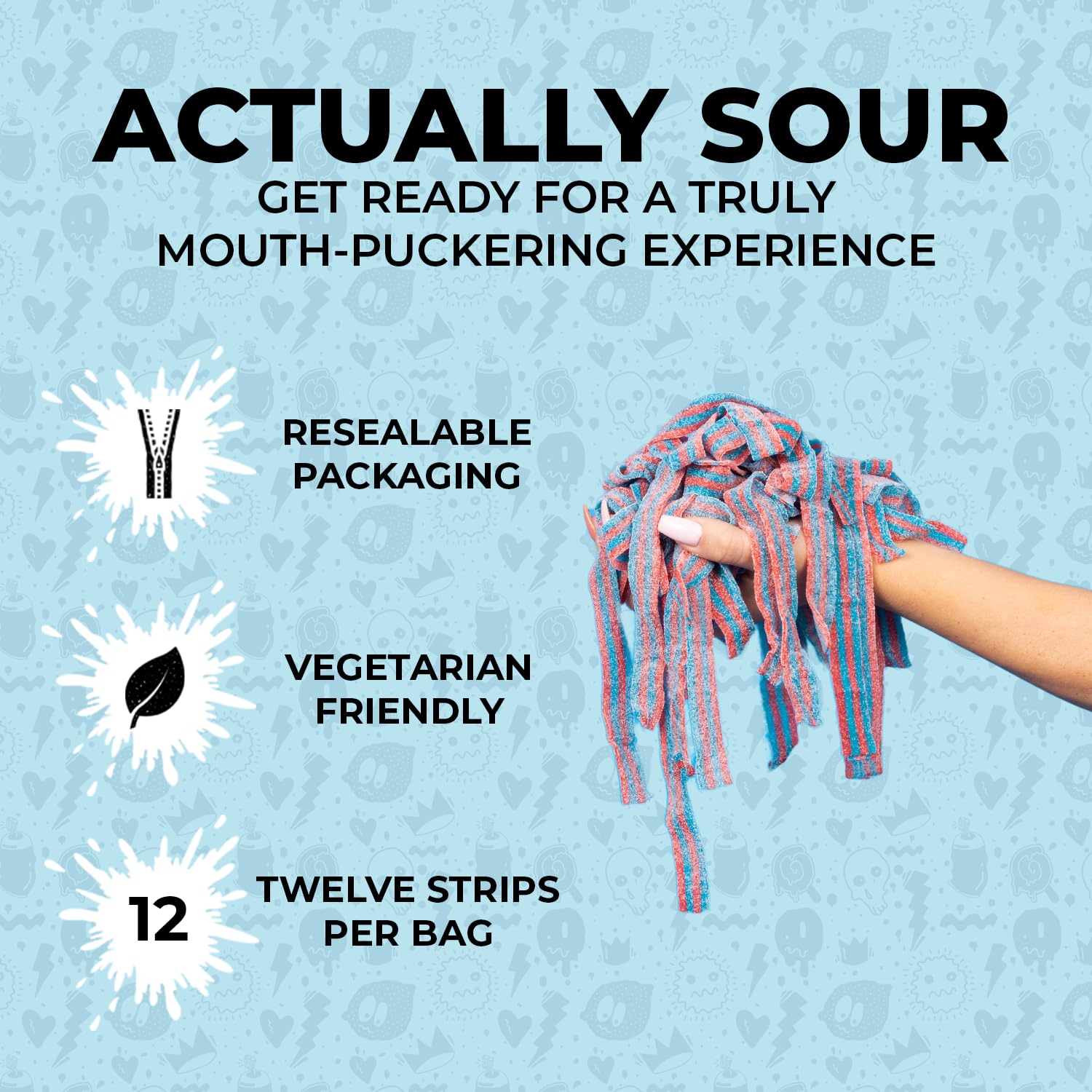 SOUR STRIPS Sour Candy Strips packaging with Doubleberry flavour