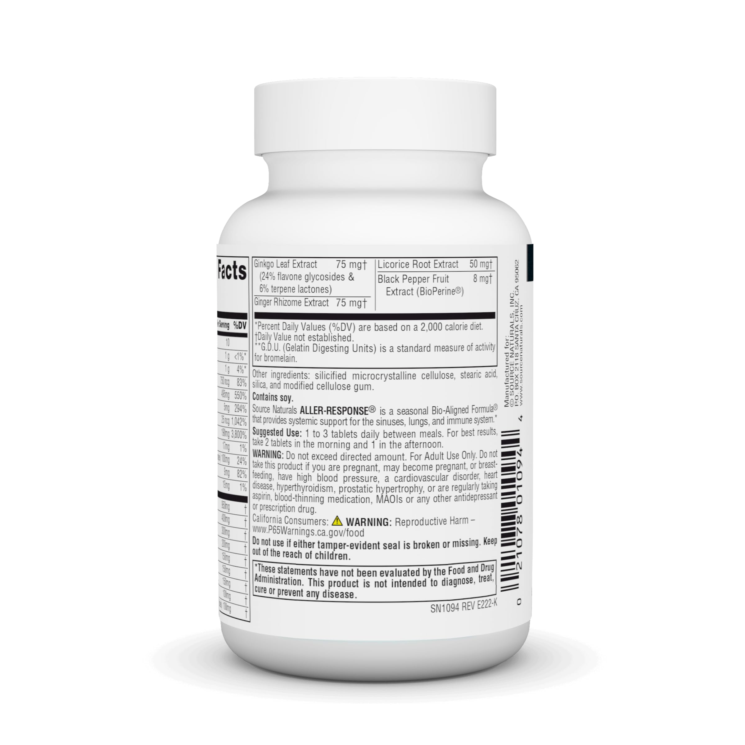 Source Naturals Aller-Response 90 Tablets back view