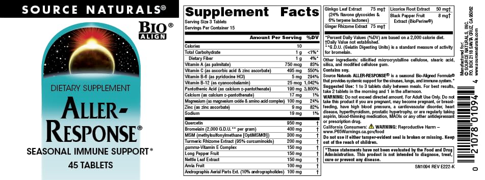 Source Naturals Aller-Response 90 Tablets packaging