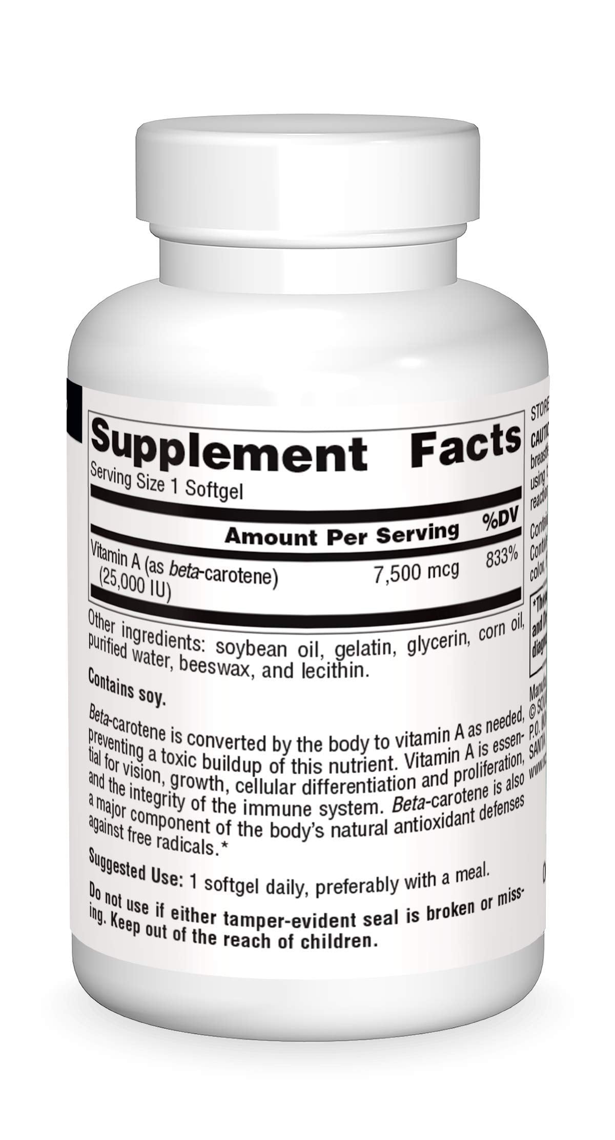 Source Naturals Beta Carotene Softgels back view with ingredient list
