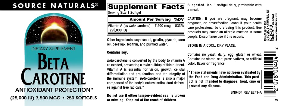 Source Naturals Beta-Carotene supplement label details