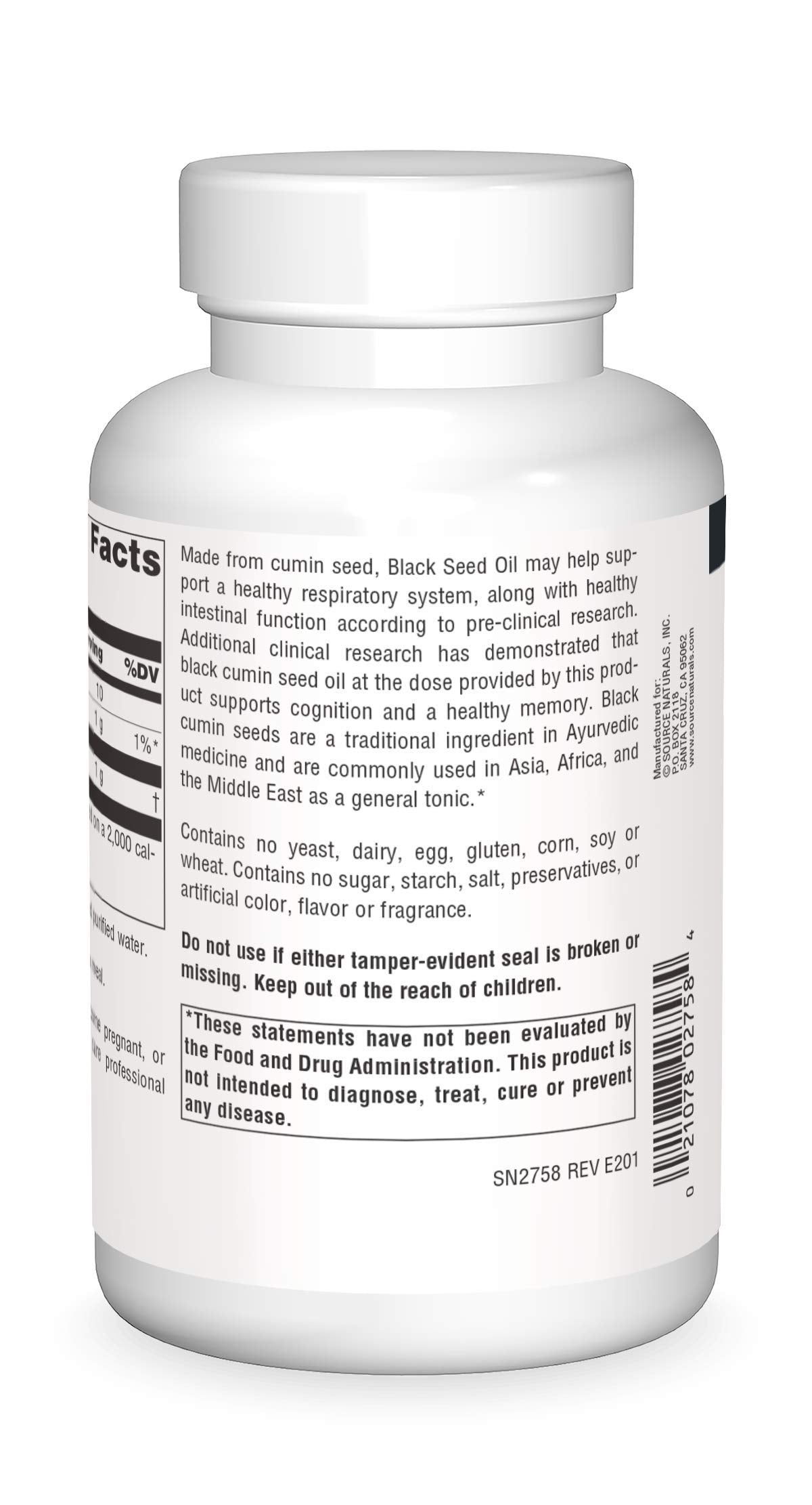 Source Naturals Black Seed Oil Softgels back view with ingredient list