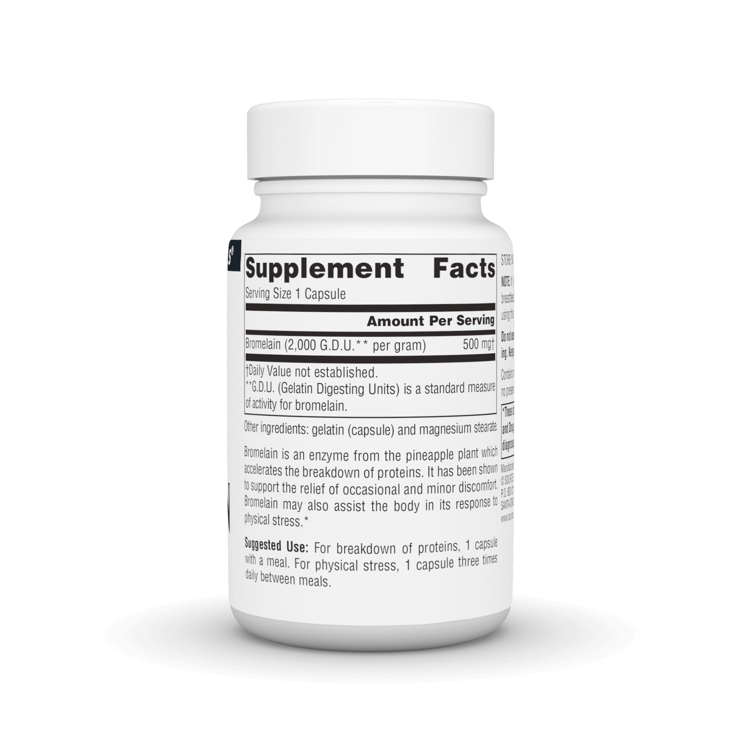 Source Naturals Bromelain Enzyme 2000 G.D.U. 45g capsule side view