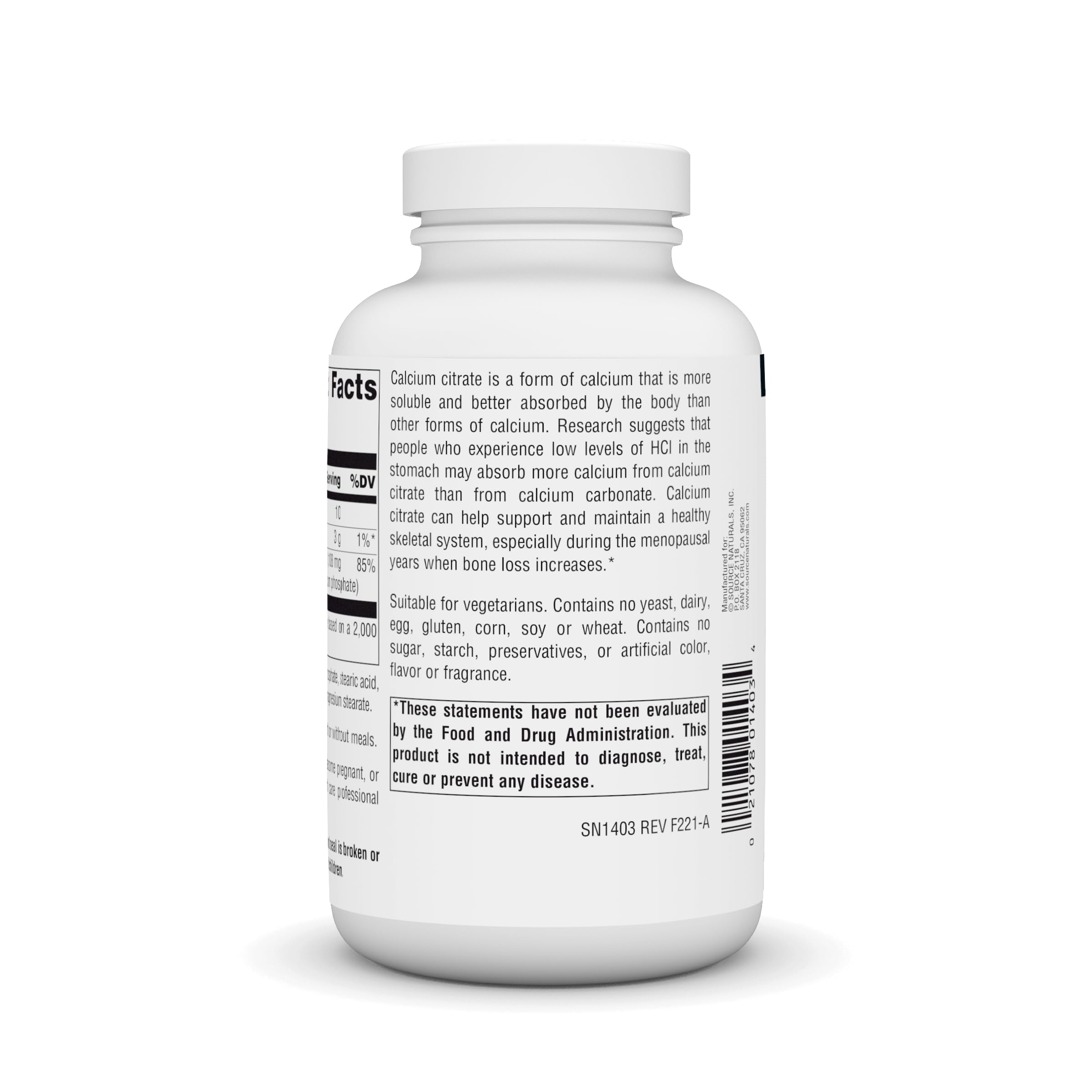 Source Naturals Calcium Citrate Tablets packaging with ingredients listed