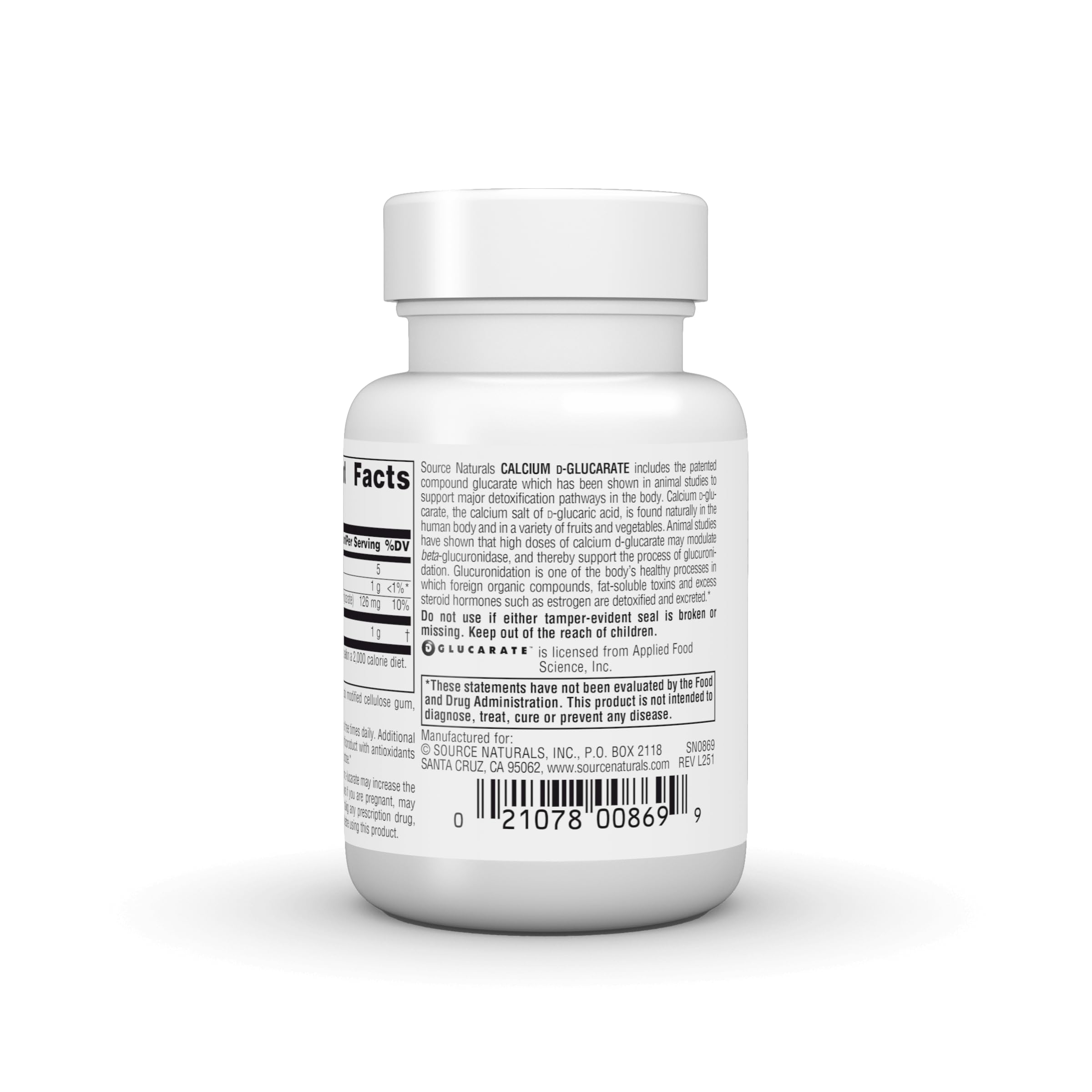 Source Naturals Calcium d-Glucarate 1000mg supplement tablets on a wooden table