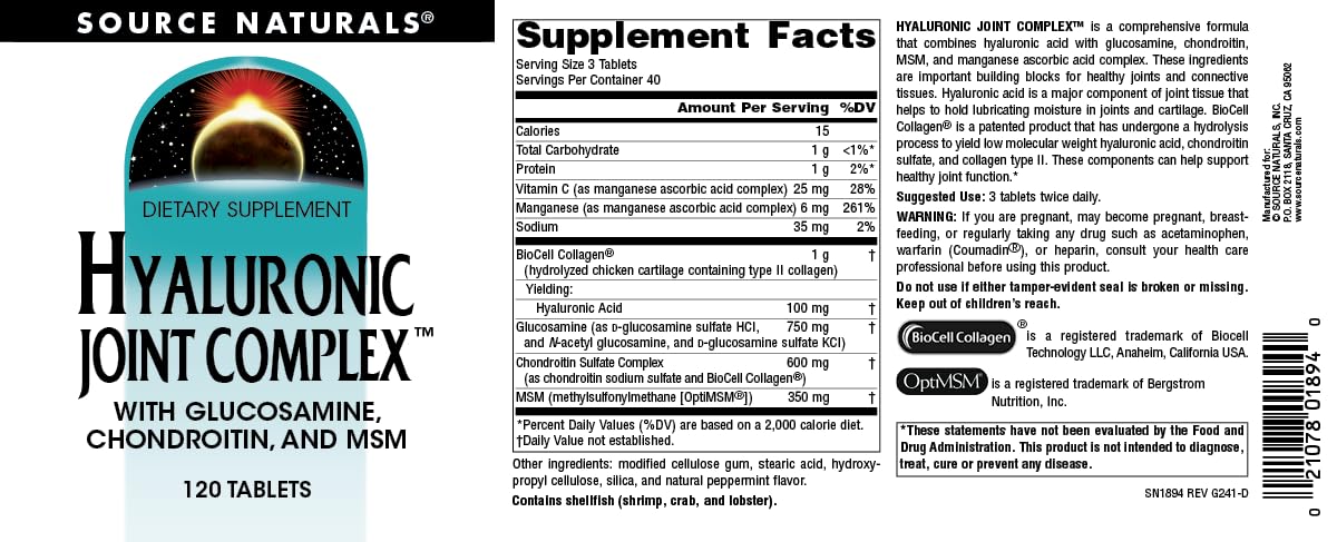 Source Naturals Chondroitin Supplement ingredients list on the back