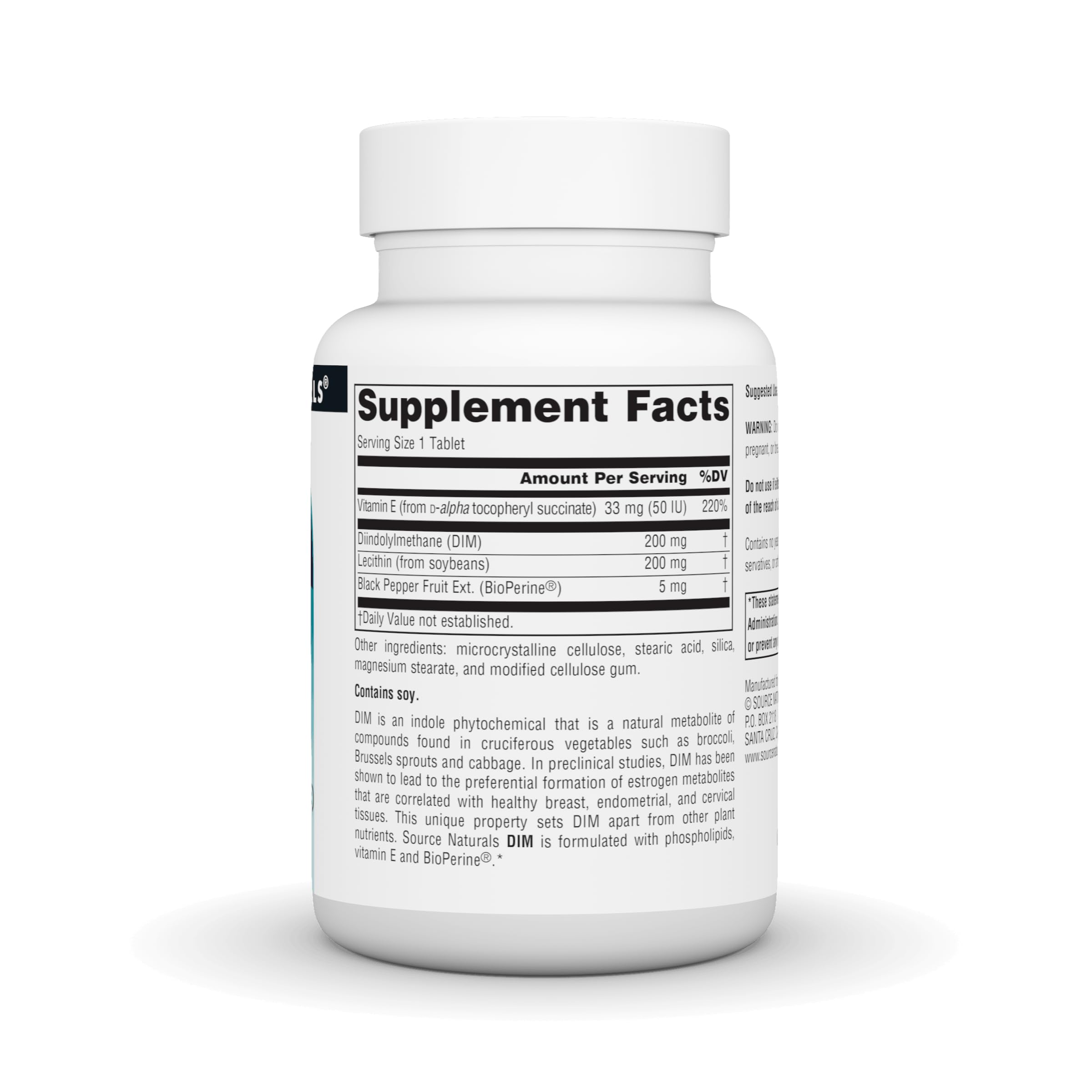 Source Naturals DIM Supplement 45g capsules displayed on a wooden table