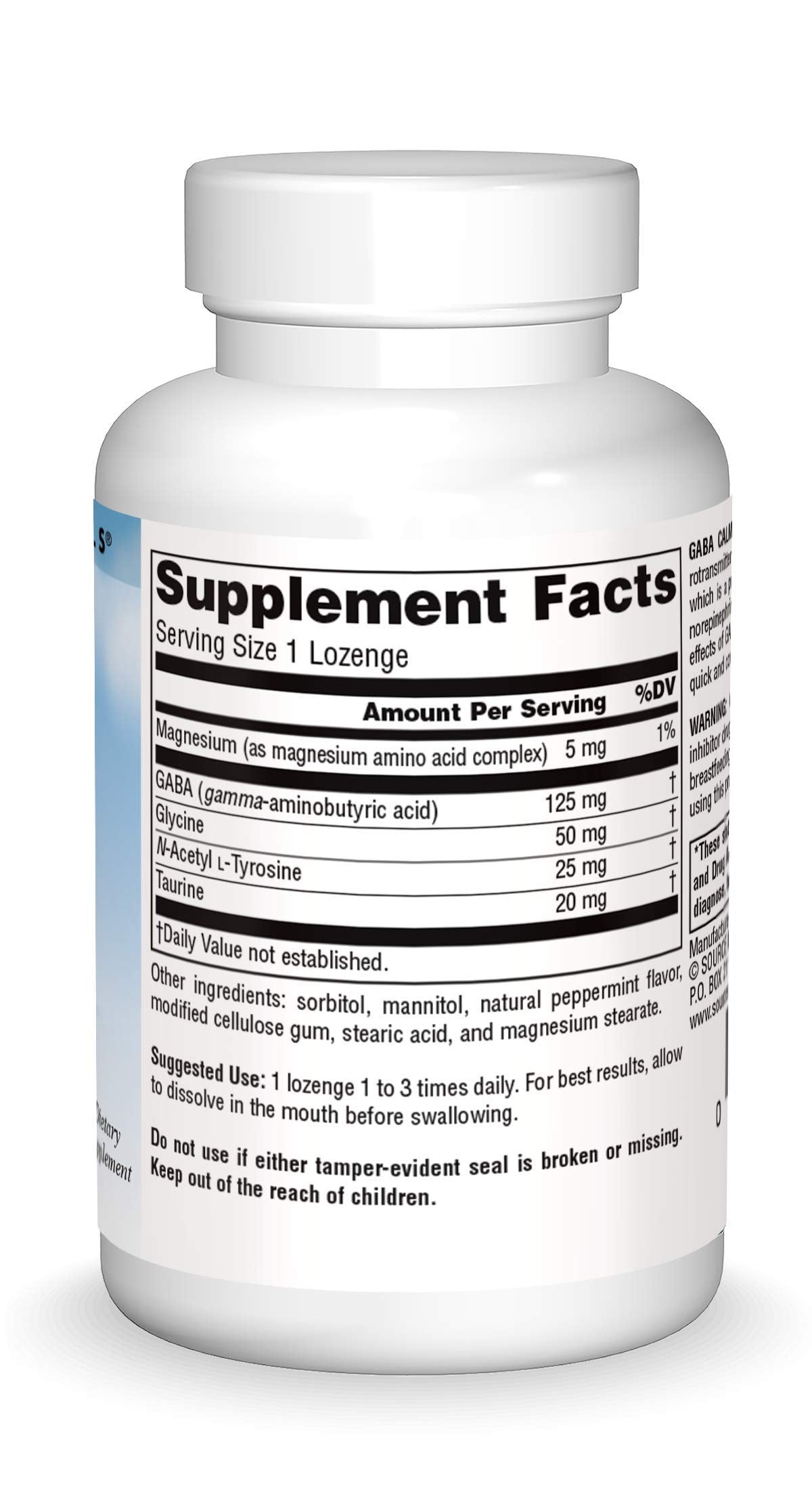 Source Naturals GABA Calm Lozenge back view with usage instructions