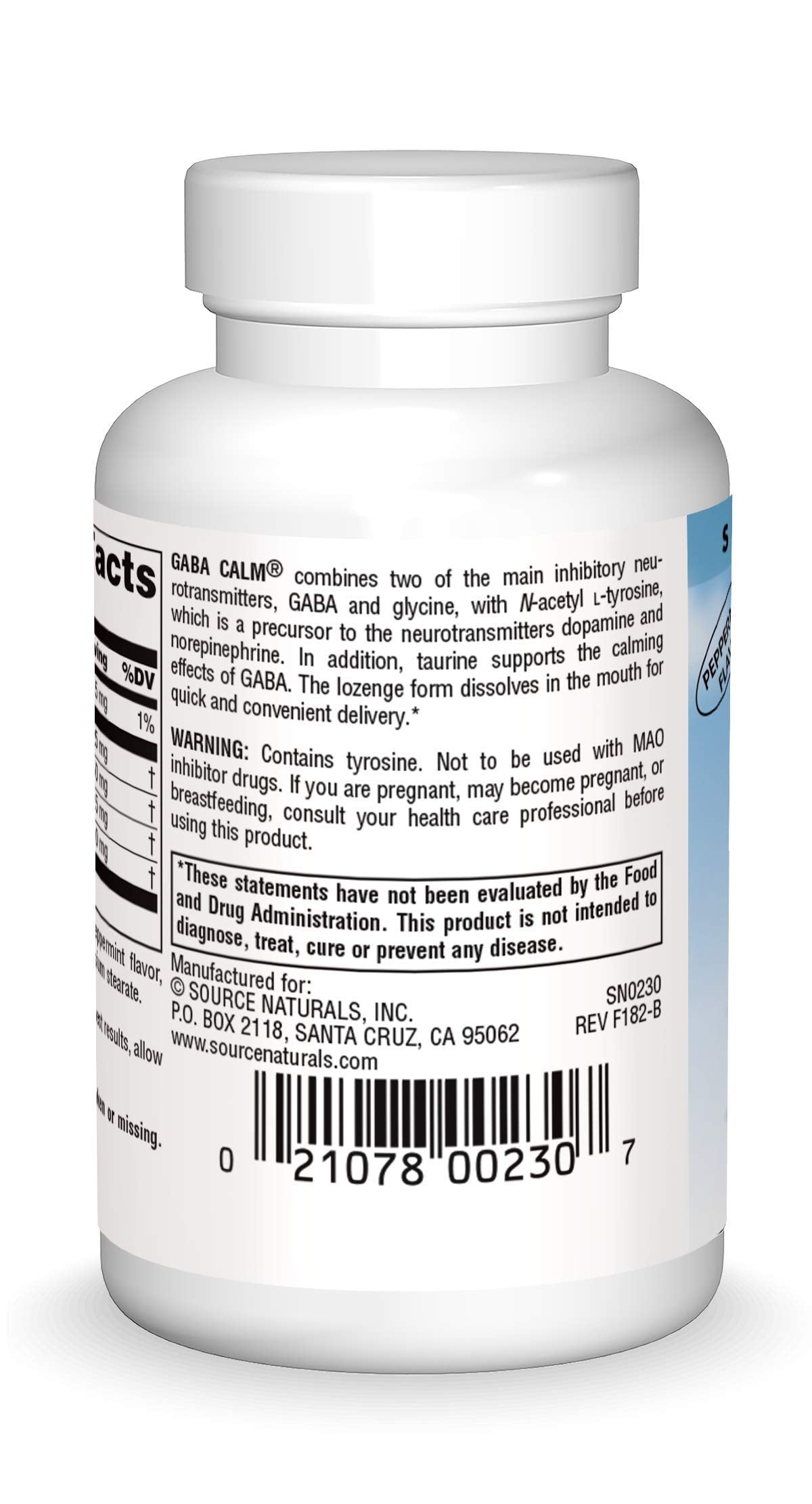 Source Naturals GABA Calm Lozenge side view with ingredients