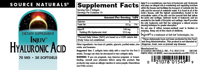 Source Naturals Hyaluronic Acid Softgels back view with ingredient list