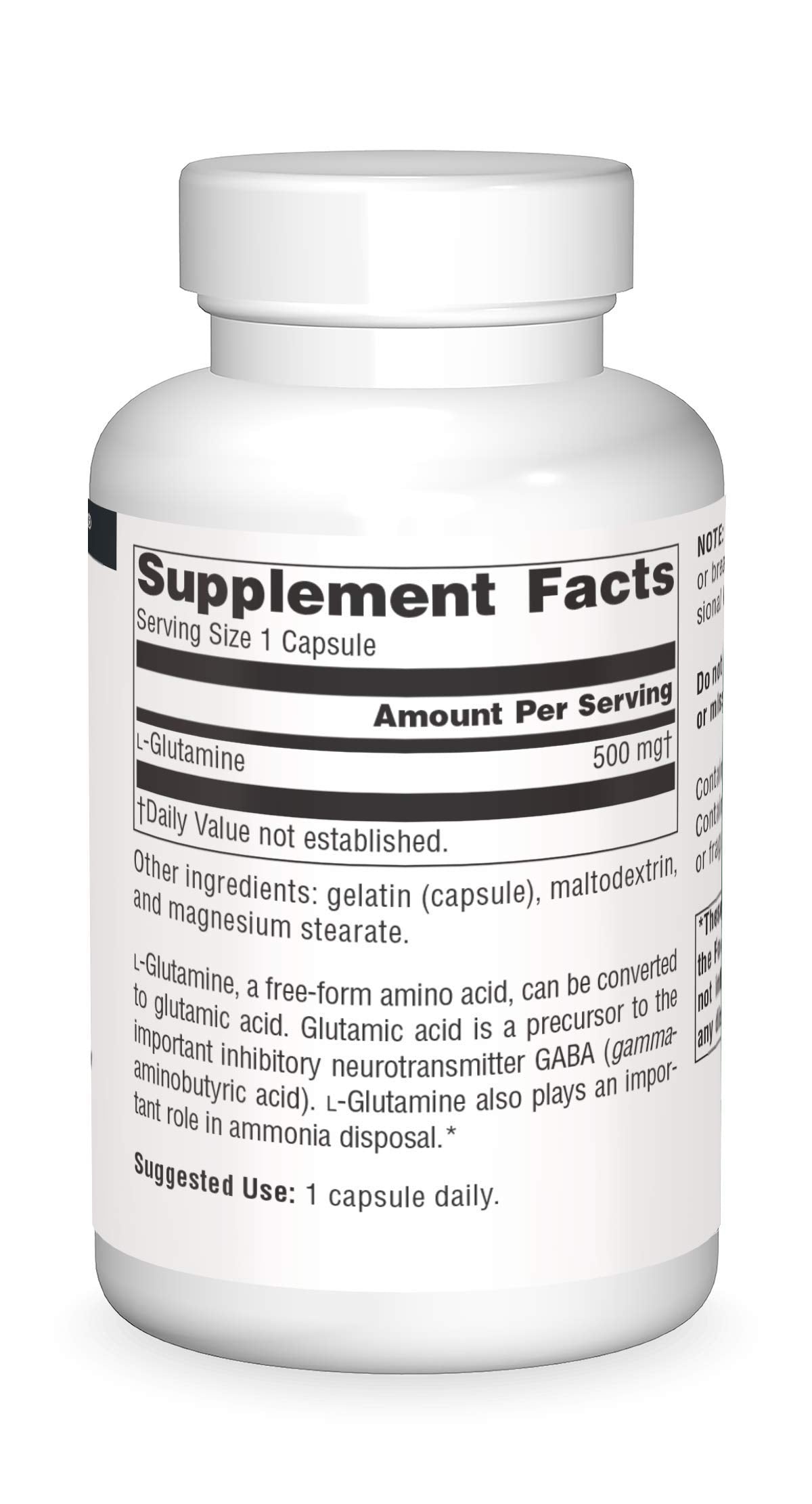 Source Naturals L-Glutamine capsules on a wooden surface