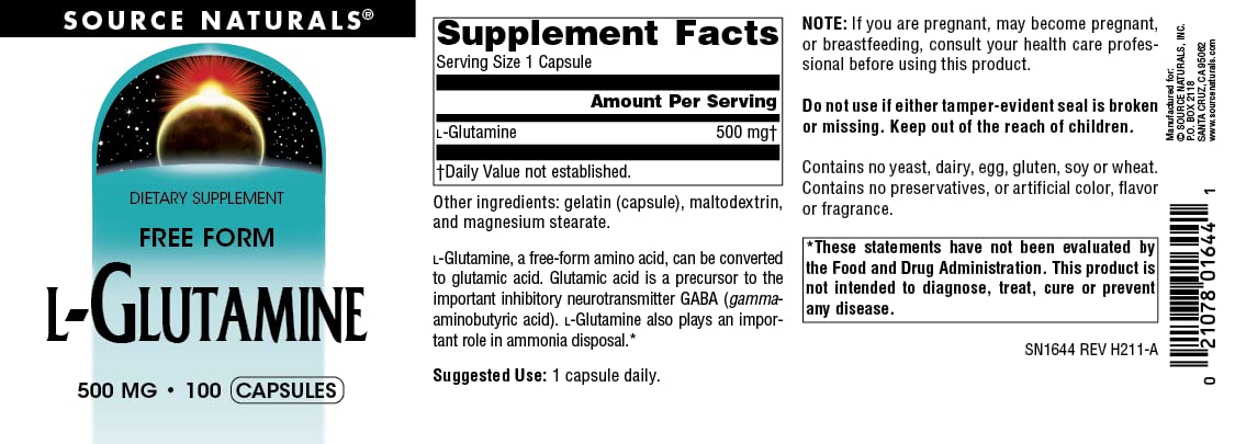 Source Naturals L-Glutamine capsules with a measuring spoon