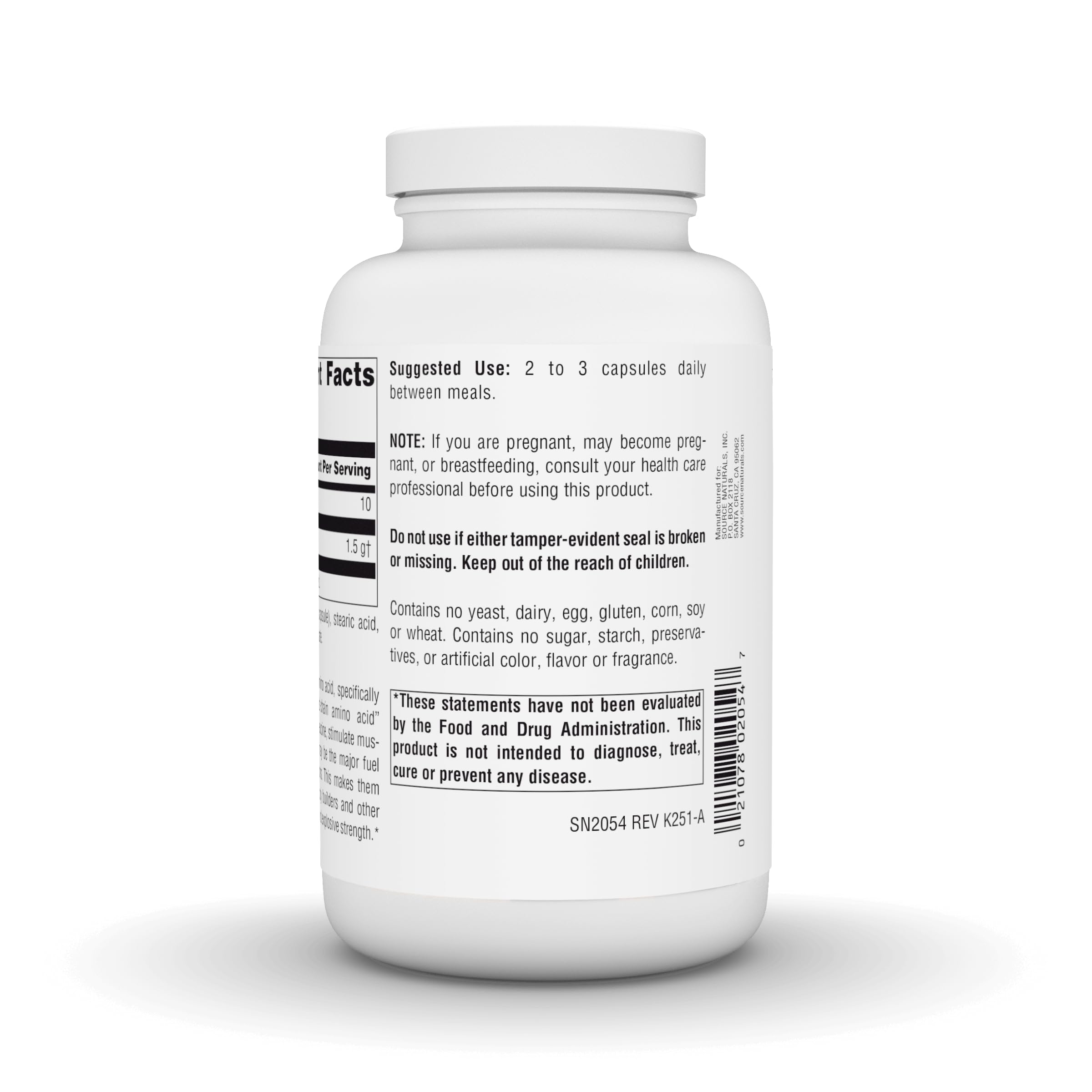 Source Naturals L-Leucine BCAA Capsules with dosage instructions
