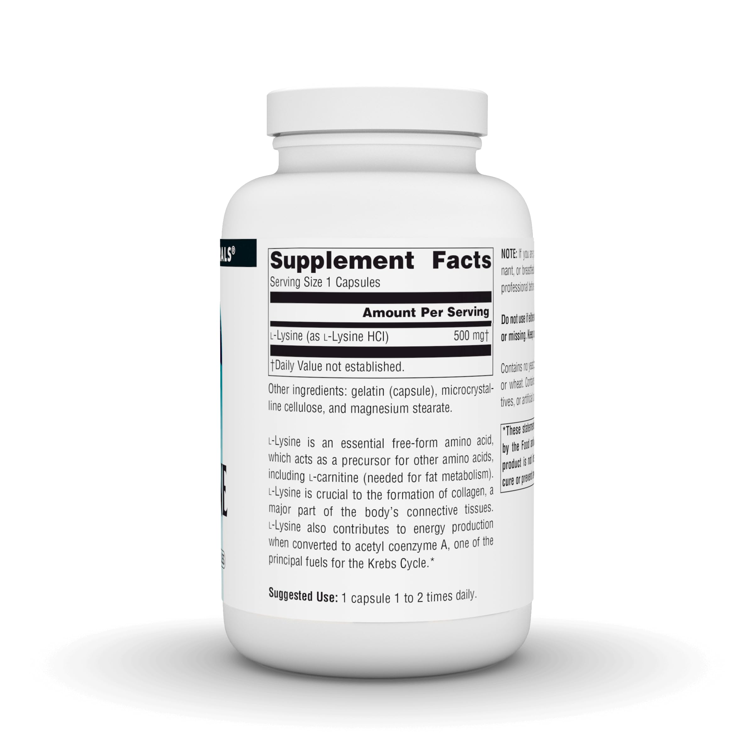 Source Naturals L-Lysine Capsules 45g back view with ingredients