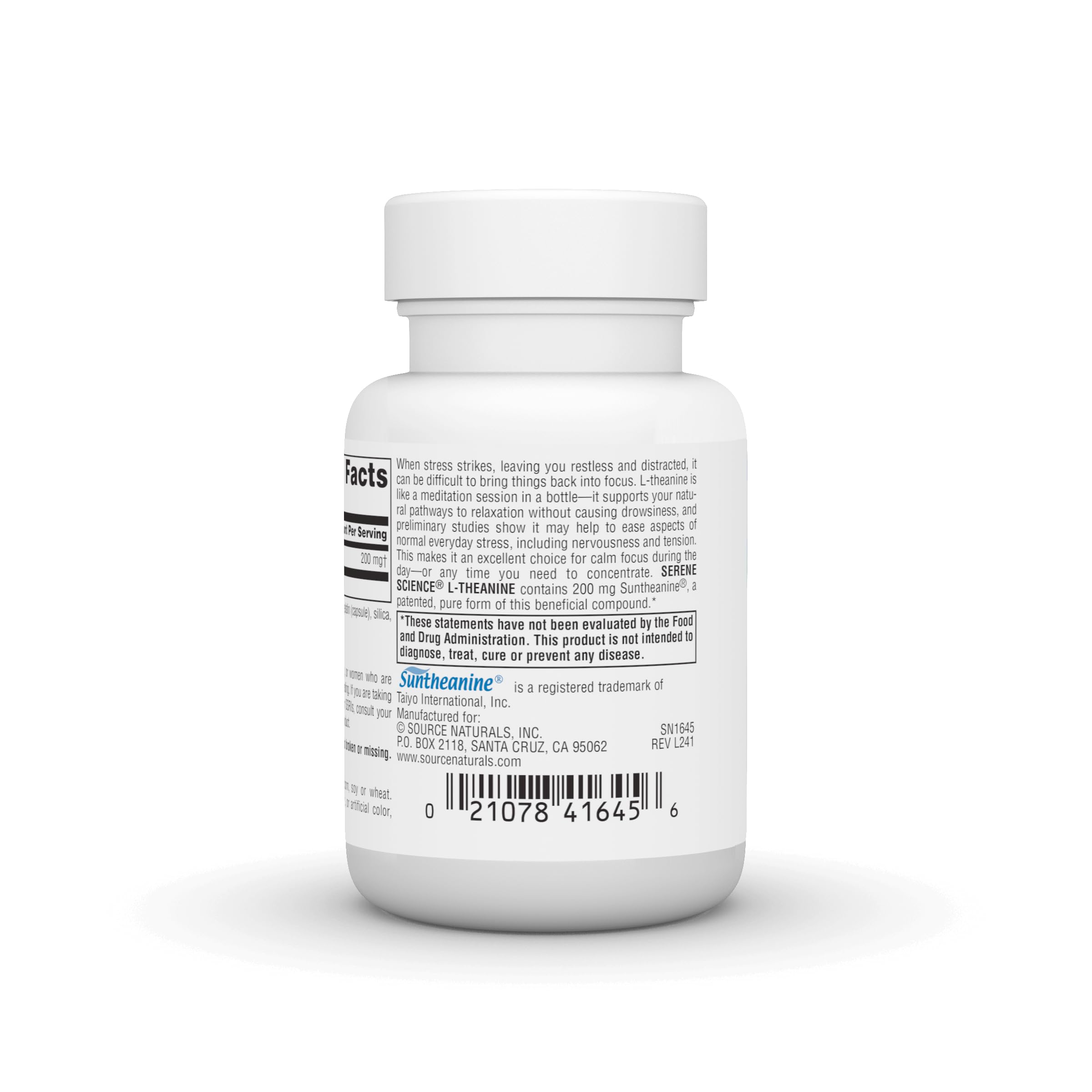 Source Naturals L-Theanine 50g supplement back view