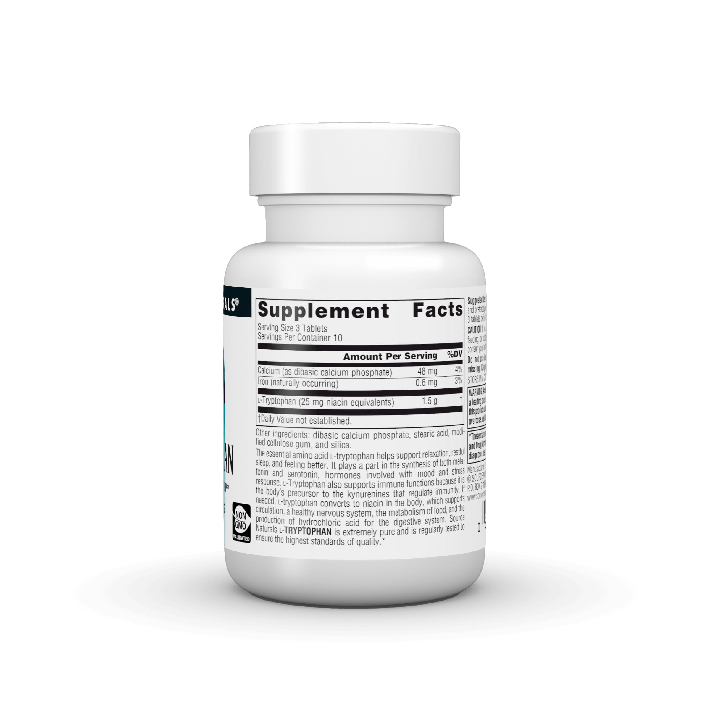 Source Naturals L-Tryptophan 500mg 30 Tablets back view