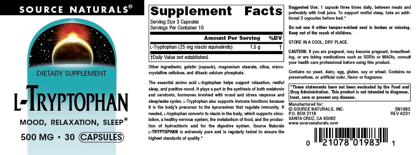 Source Naturals L-Tryptophan 500mg capsule bottle back view