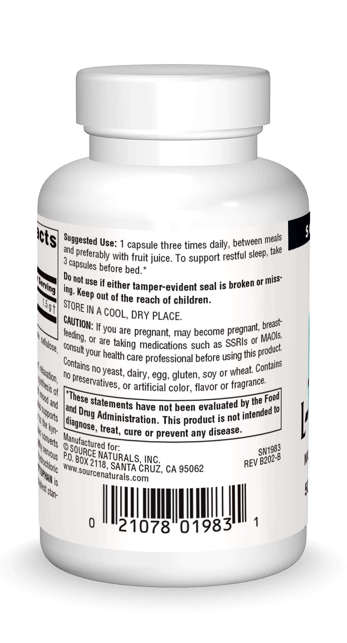 Source Naturals L-Tryptophan 500mg capsules side view
