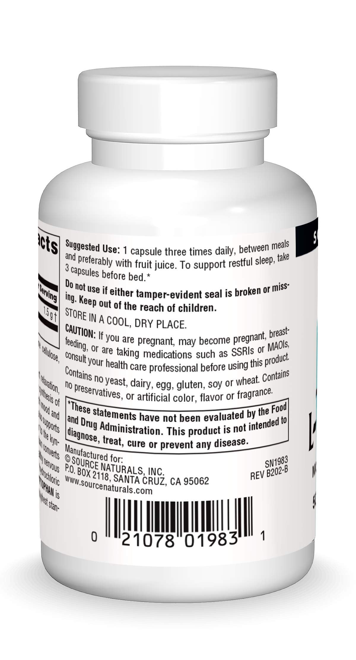 Source Naturals L-Tryptophan 500mg capsules side view