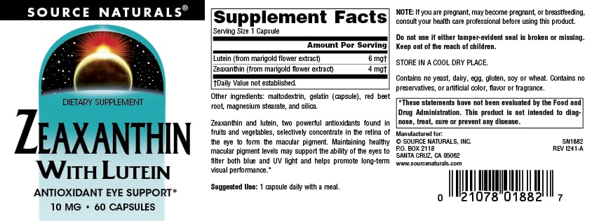 Source Naturals Lutein Antioxidant Eye Support 45g capsule side view