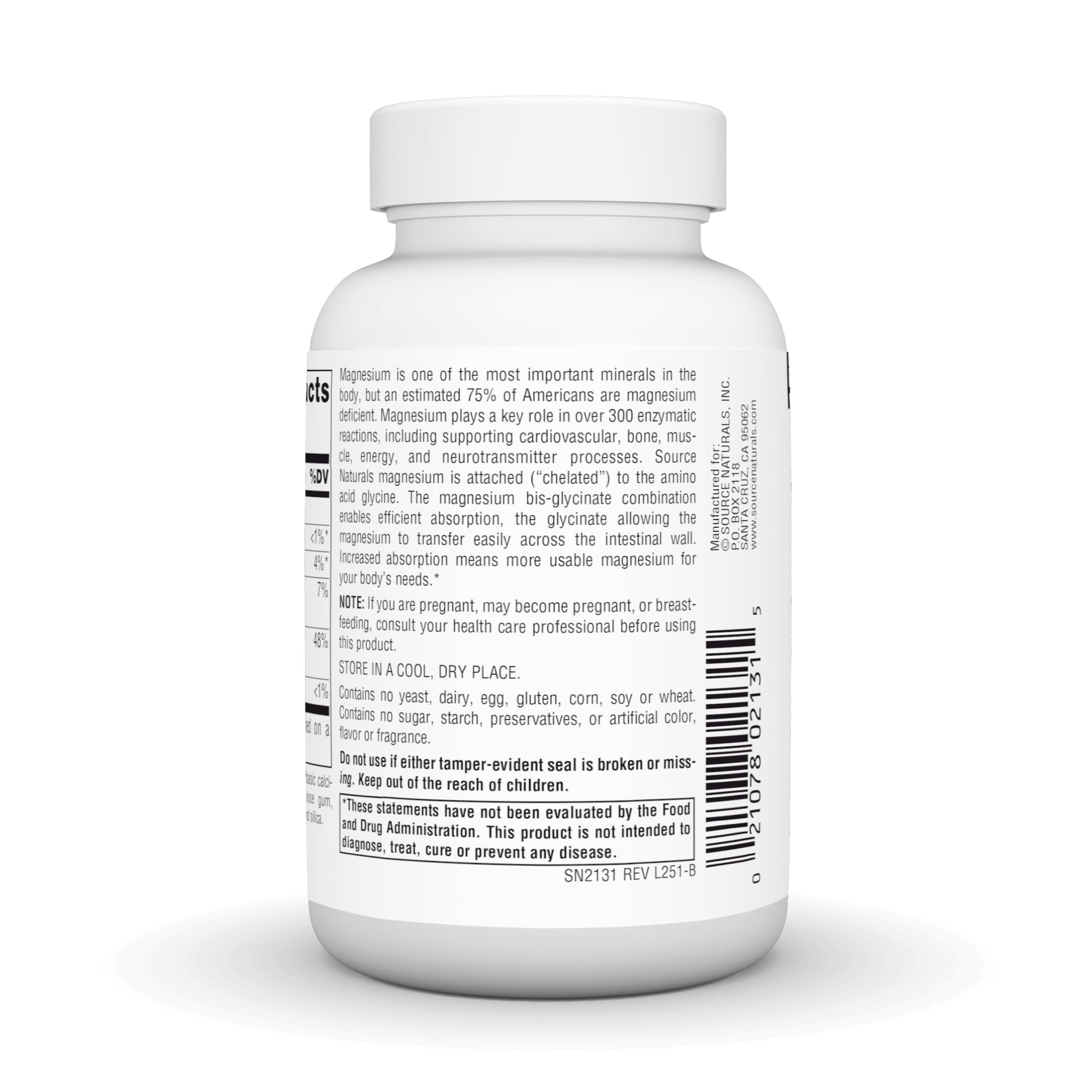 Source Naturals Magnesium Bis-Glycinate 113g tablets on a wooden table