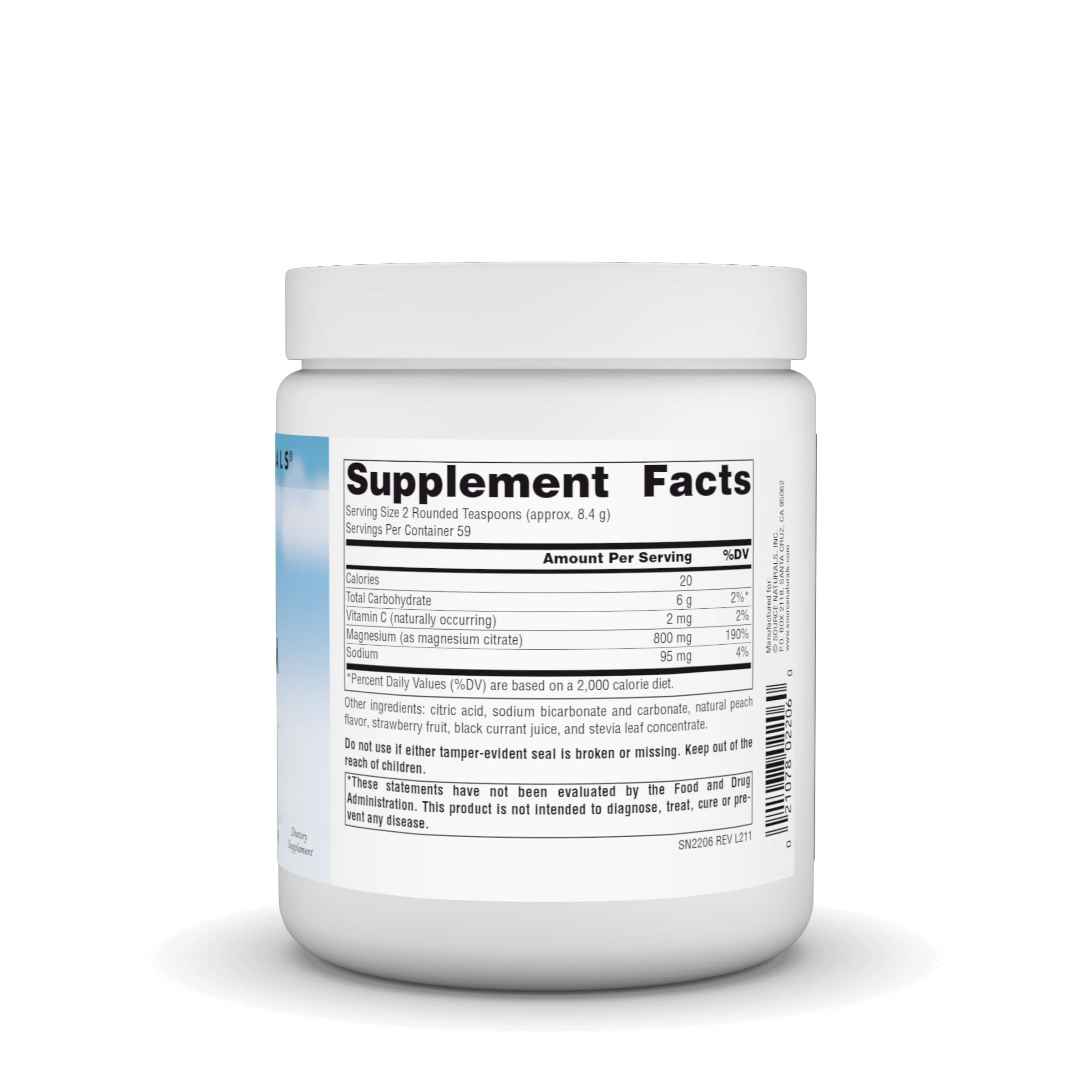 Source Naturals Magnesium Citrate Powder 800mg back view with ingredients