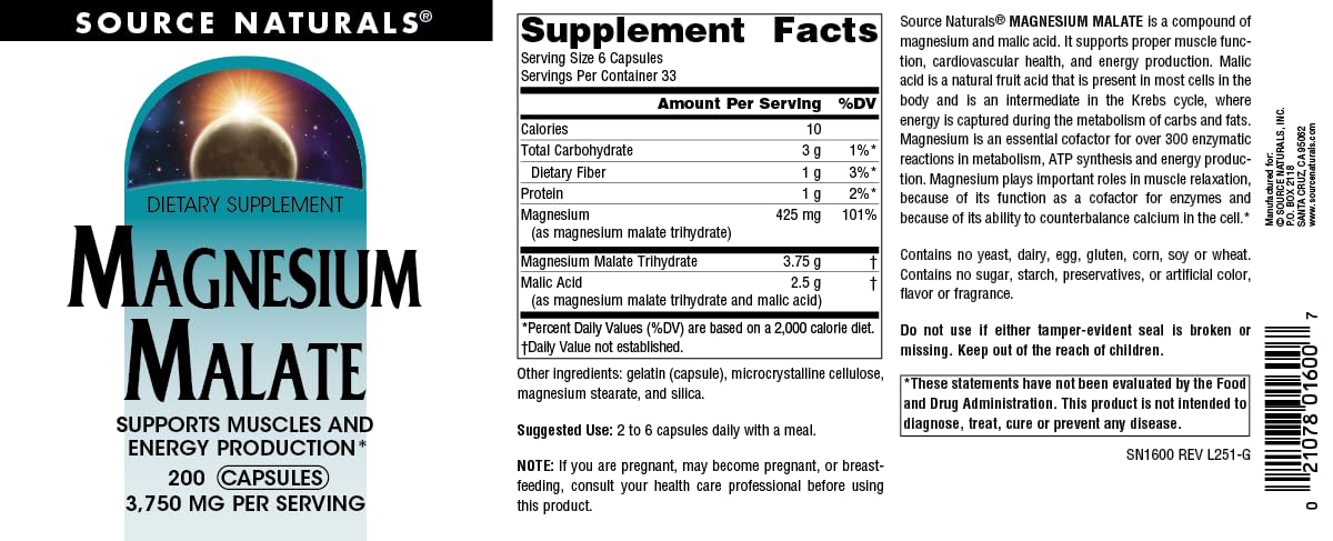 Source Naturals Magnesium Malate 200 Capsules back view