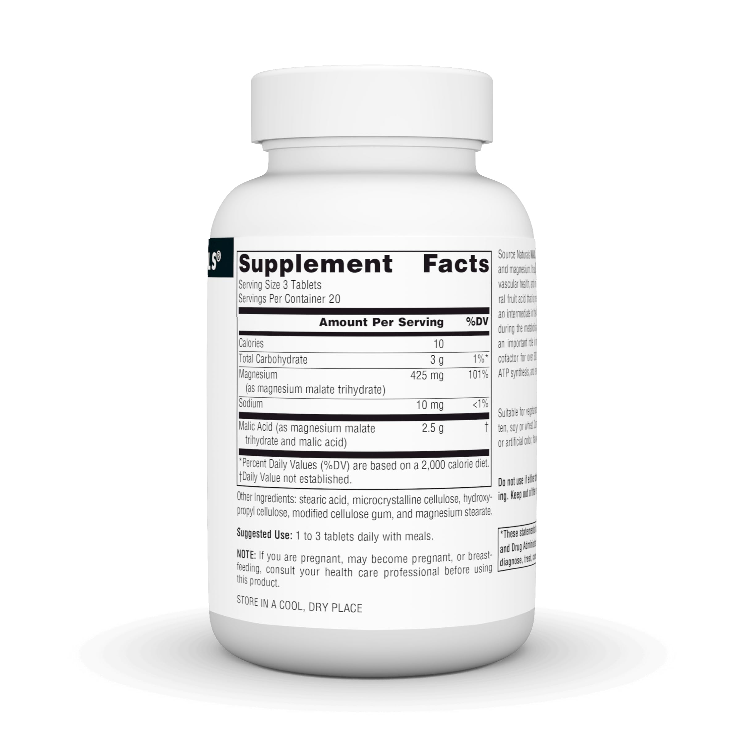 Source Naturals Malic Acid Supplement back view with ingredients
