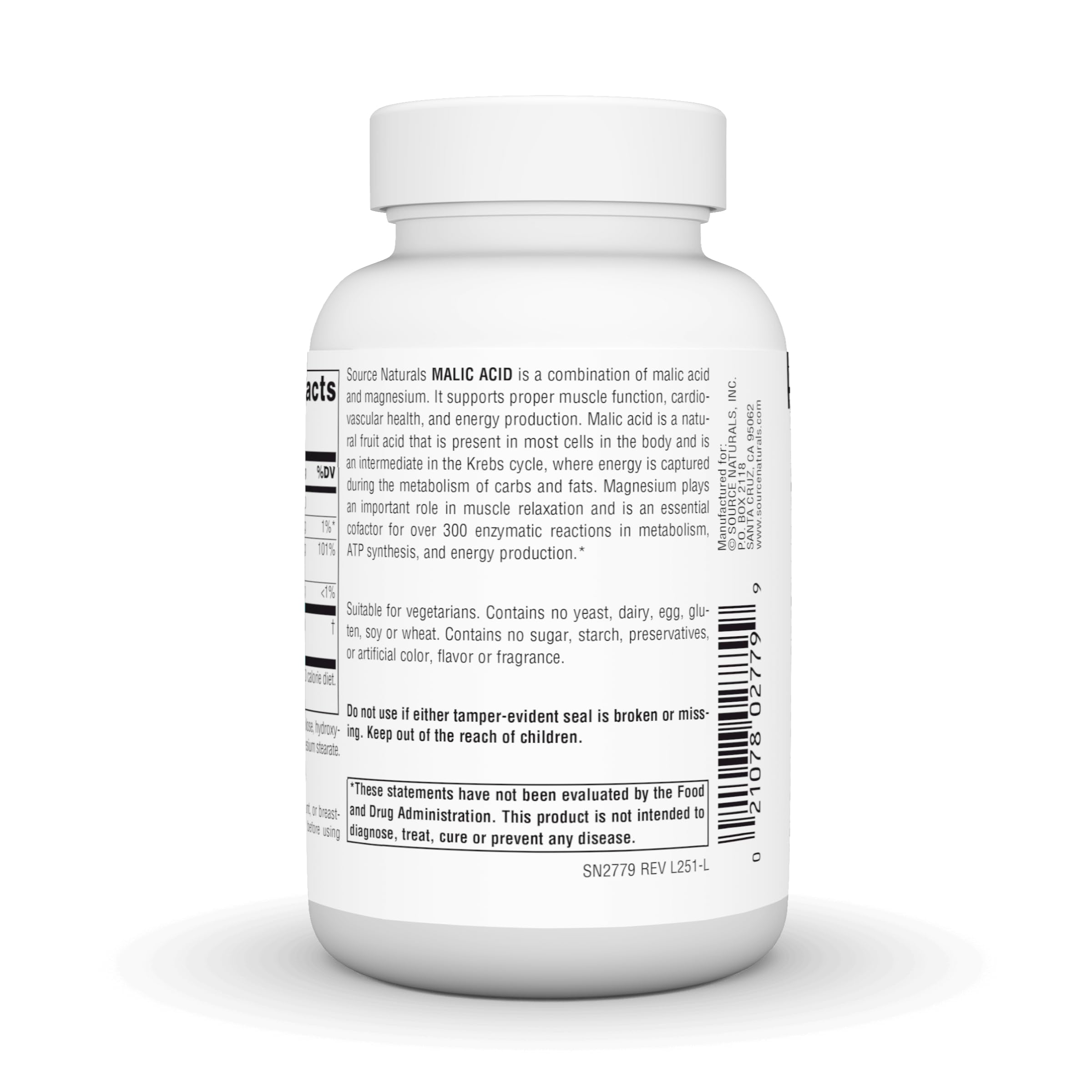 Source Naturals Malic Acid Supplement bottle with dosage instructions
