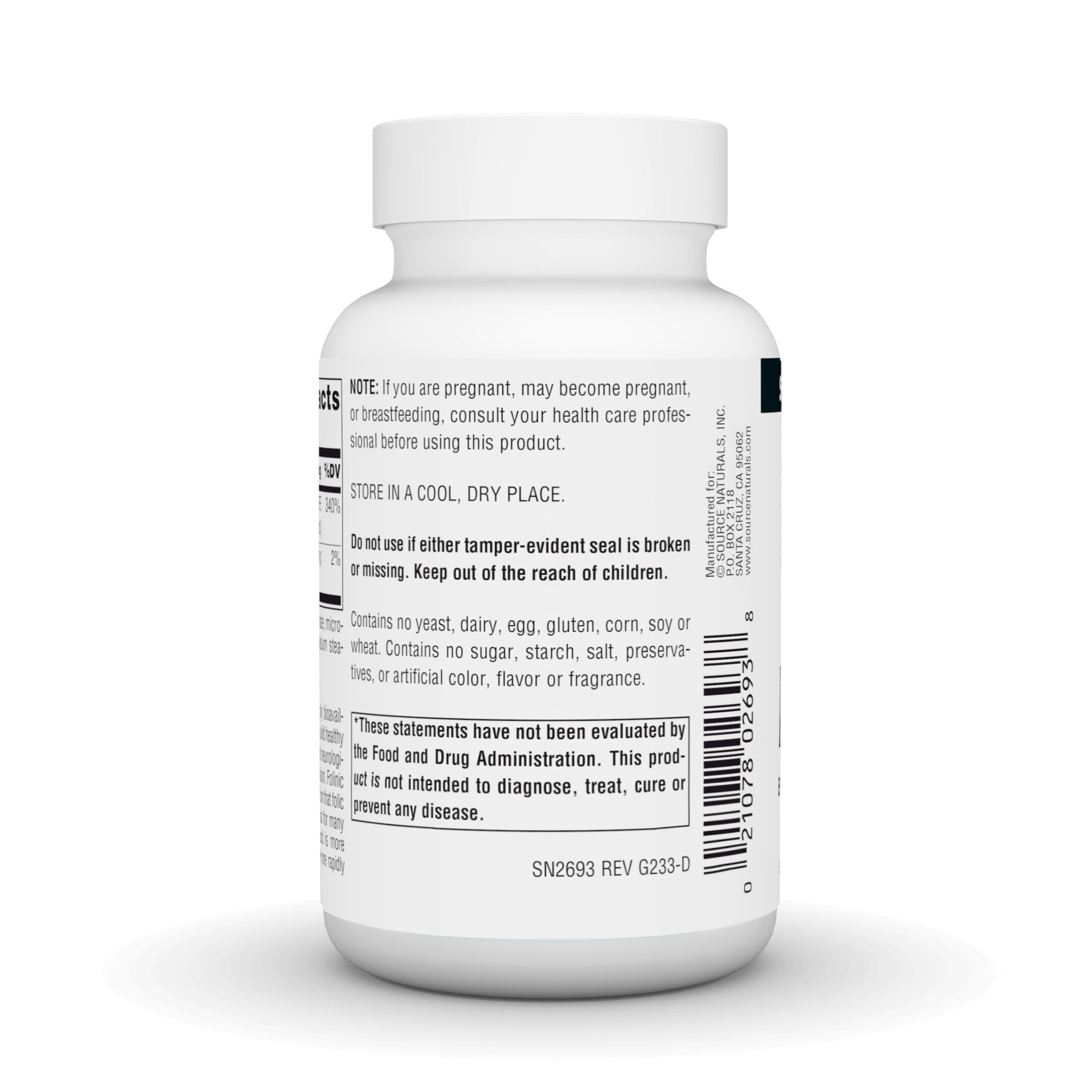 Source Naturals MegaFolinic Folic Acid Supplement ingredients list