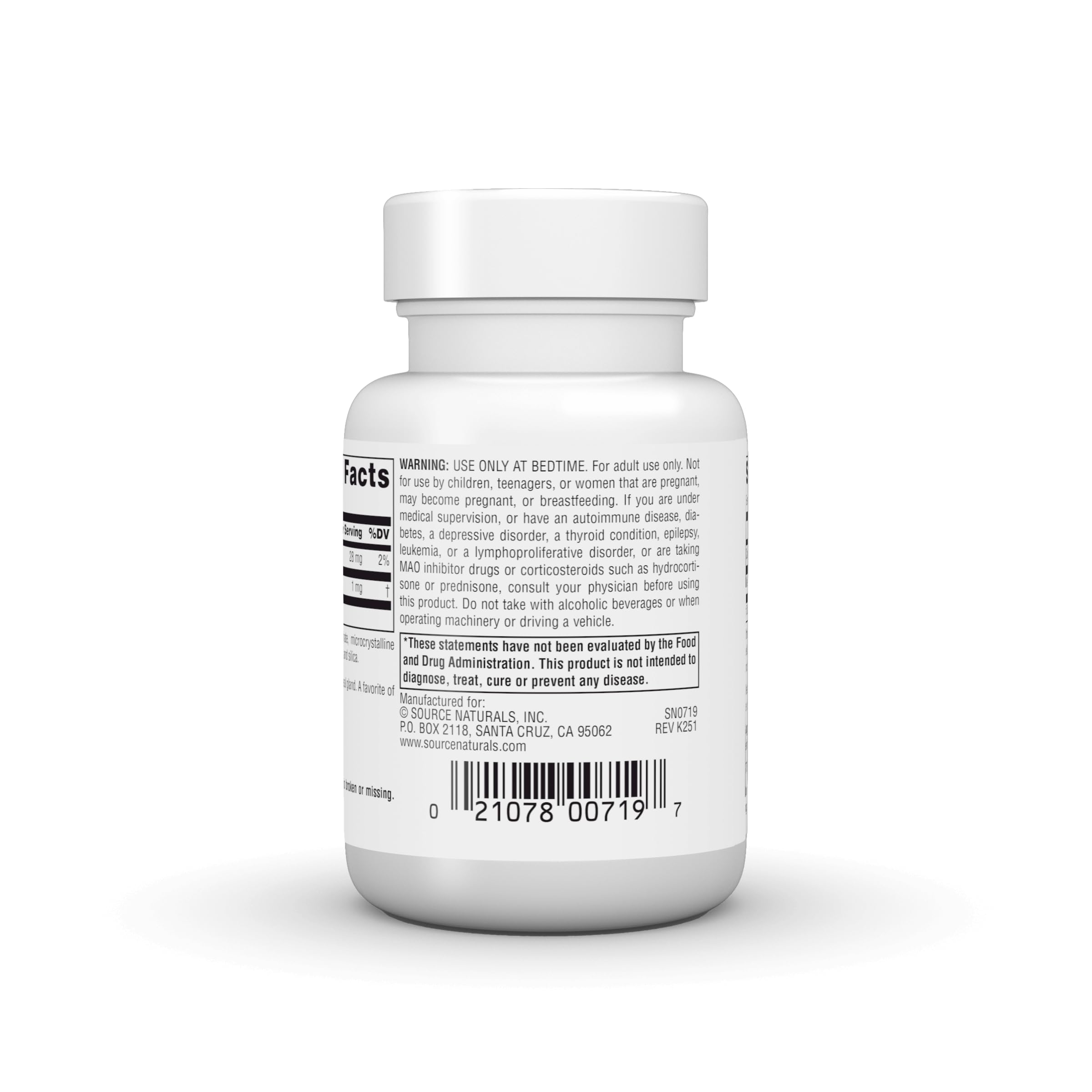 Source Naturals Melatonin 1mg 100 Tablets back view