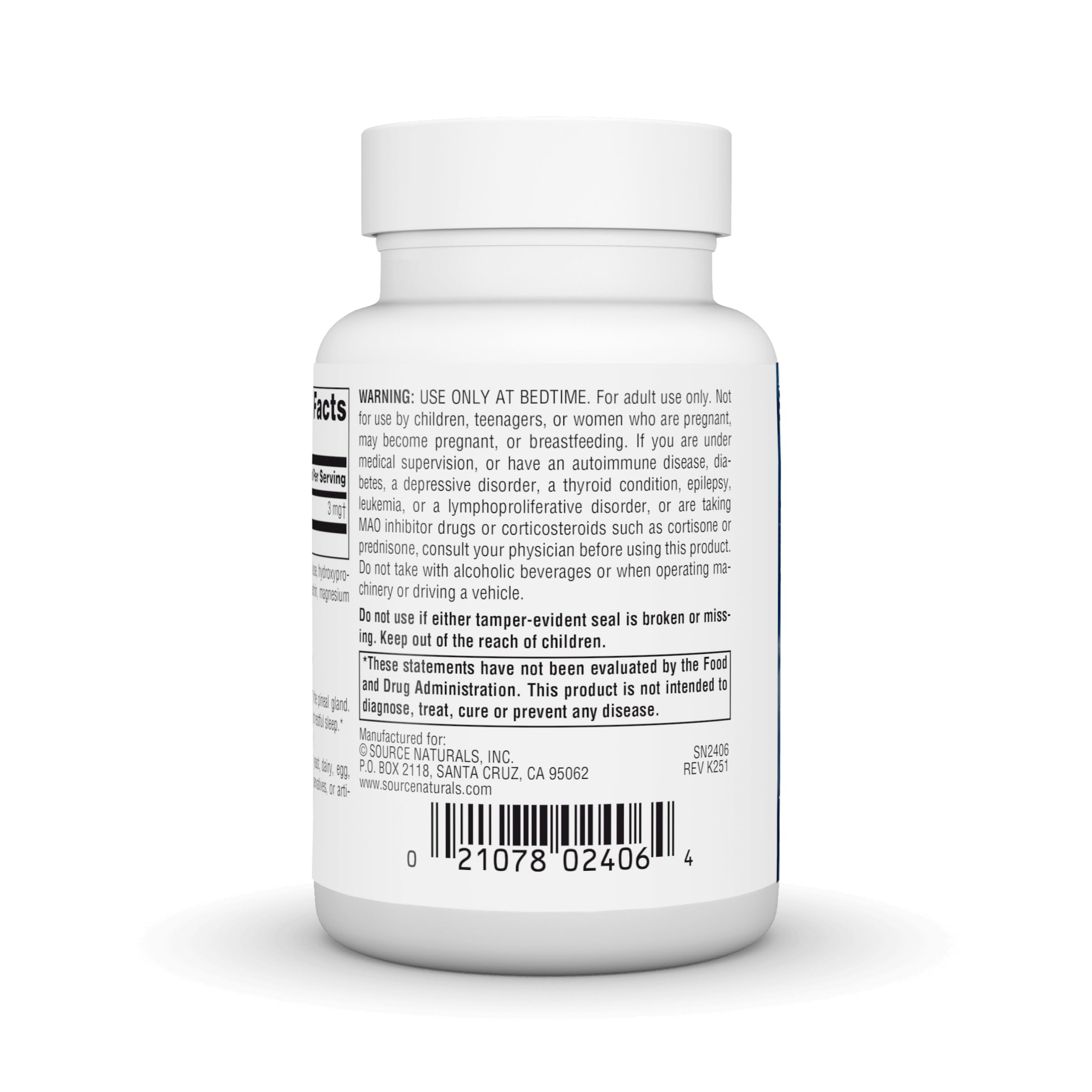 Source Naturals Melatonin 3 mg bottle with a measuring spoon