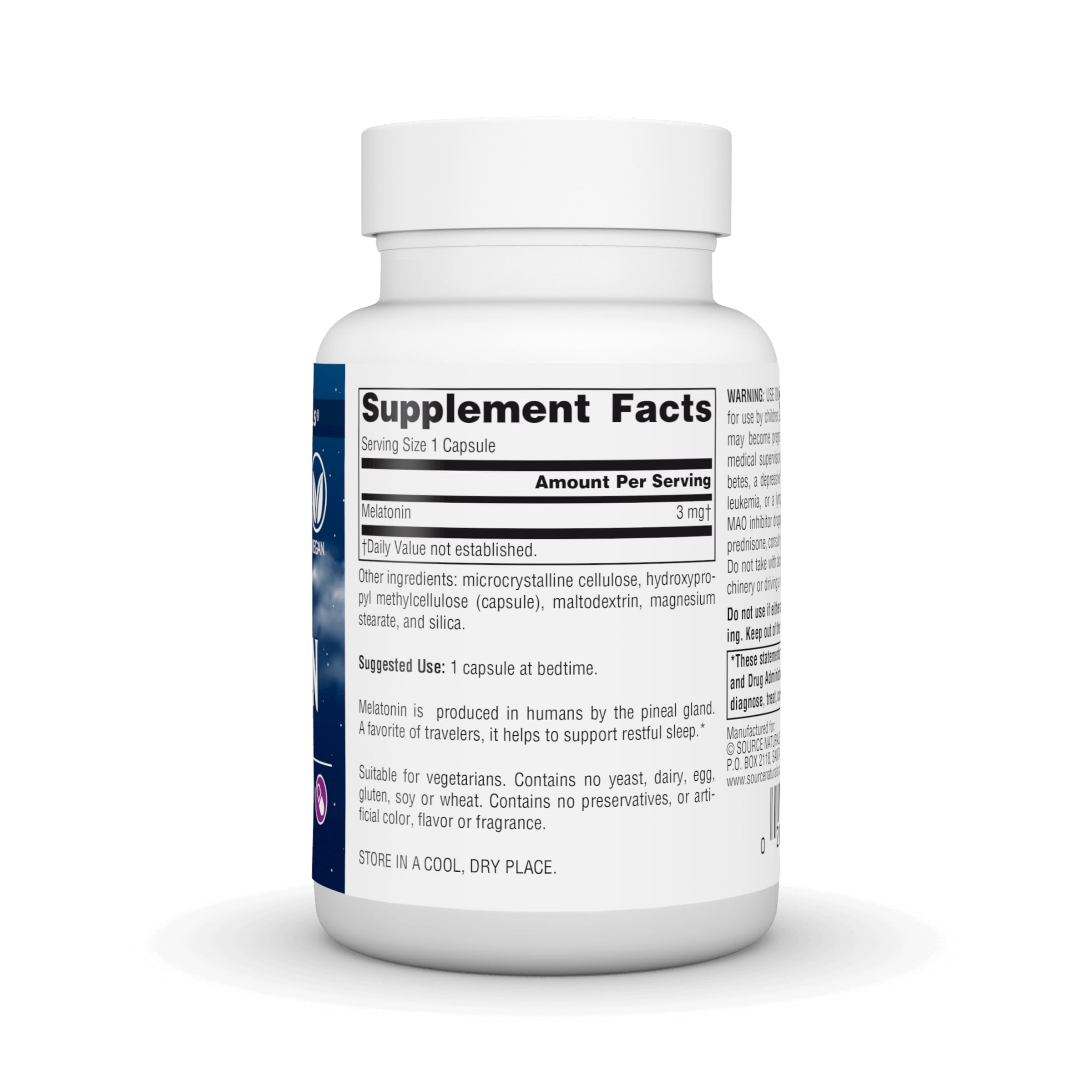 Source Naturals Melatonin 3 mg capsules on a wooden surface