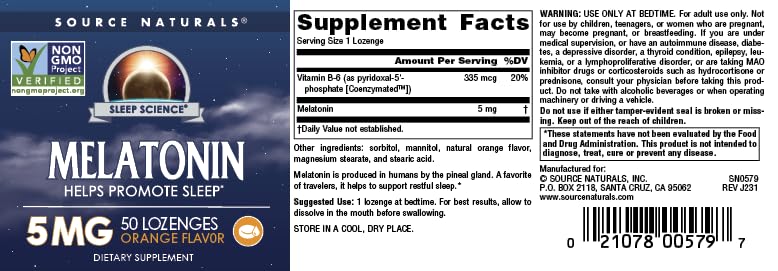 Source Naturals Melatonin 5 mg Orange Lozenges with a hand holding