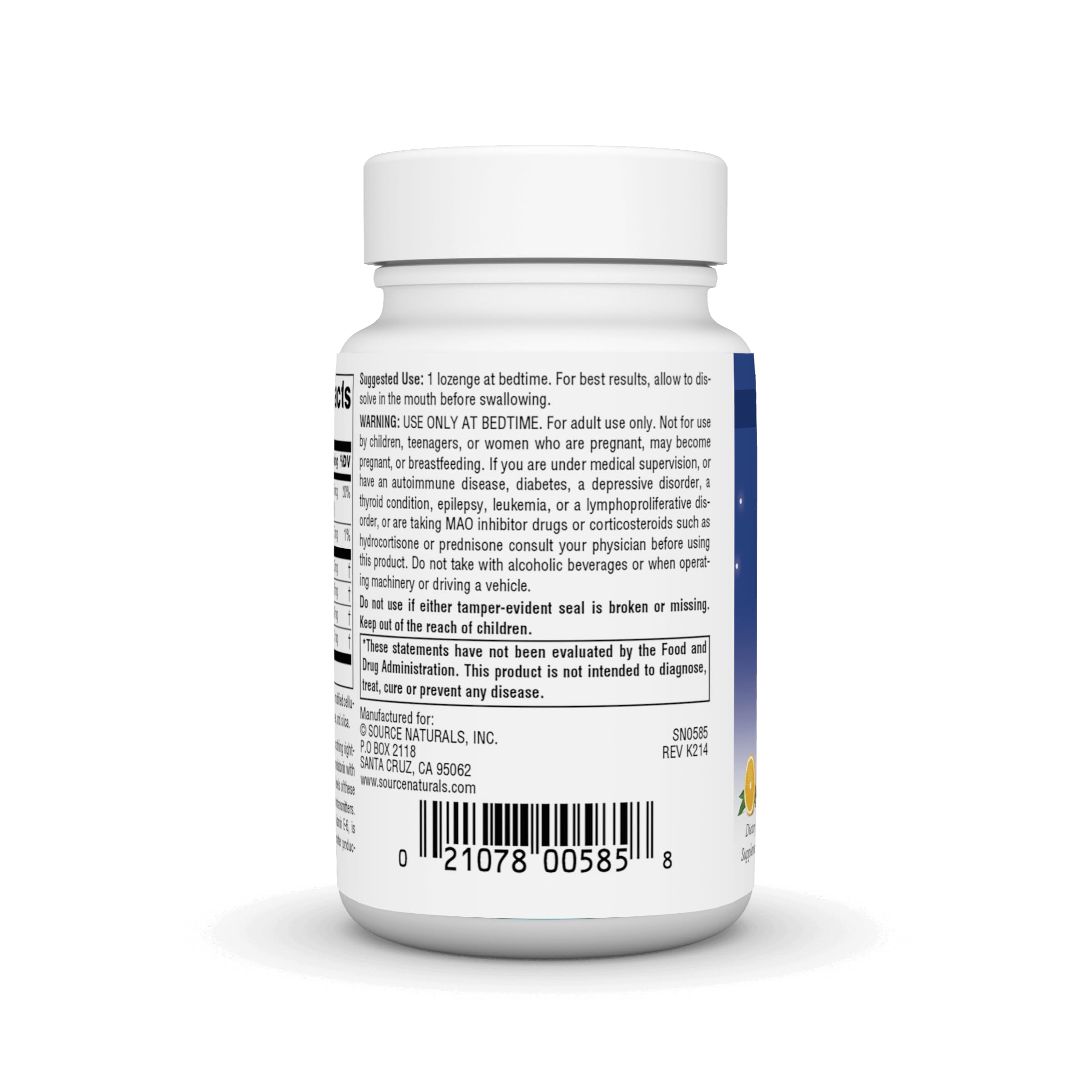 Source Naturals Melatonin Complex ingredients list on packaging