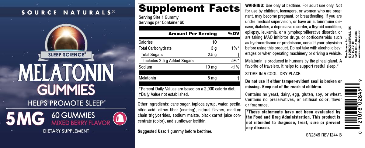 Source Naturals Melatonin gummies back label with ingredients
